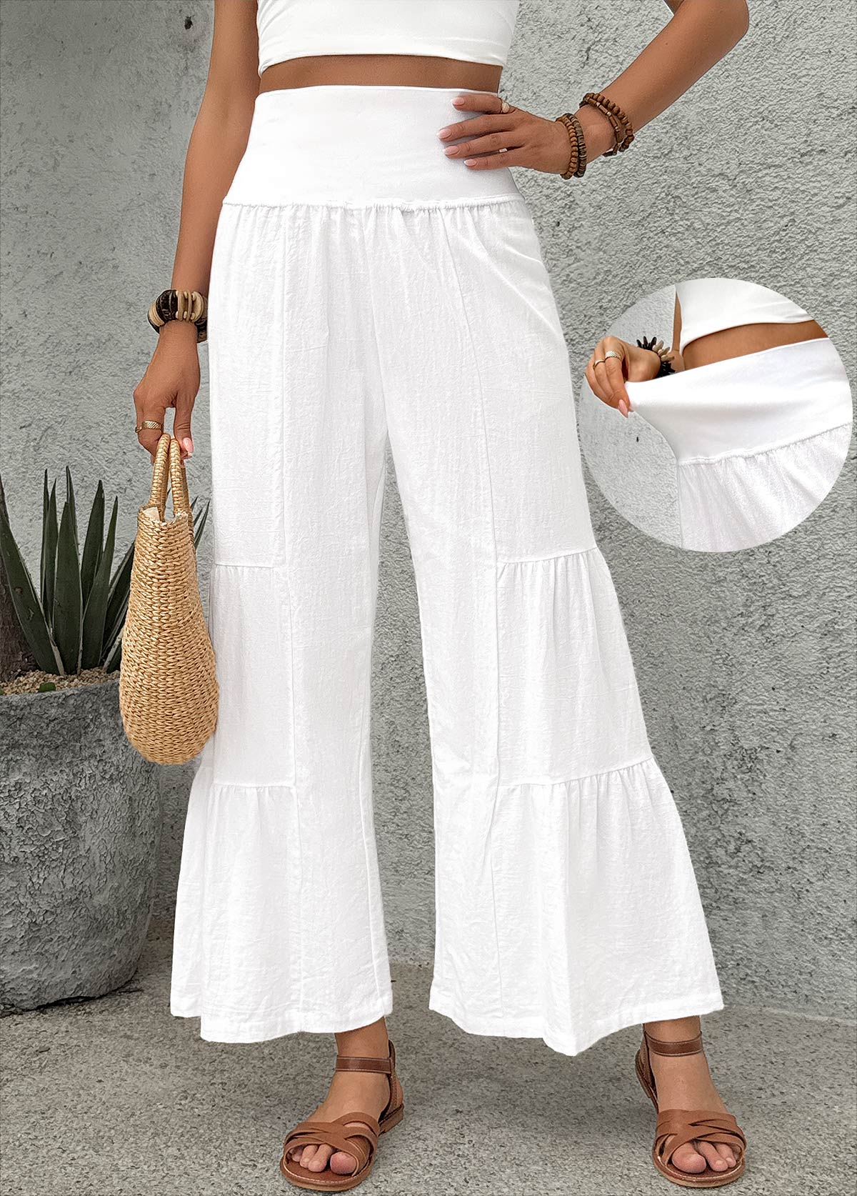 White Wide Leg Elastic Waist High Waisted Pants | picture 