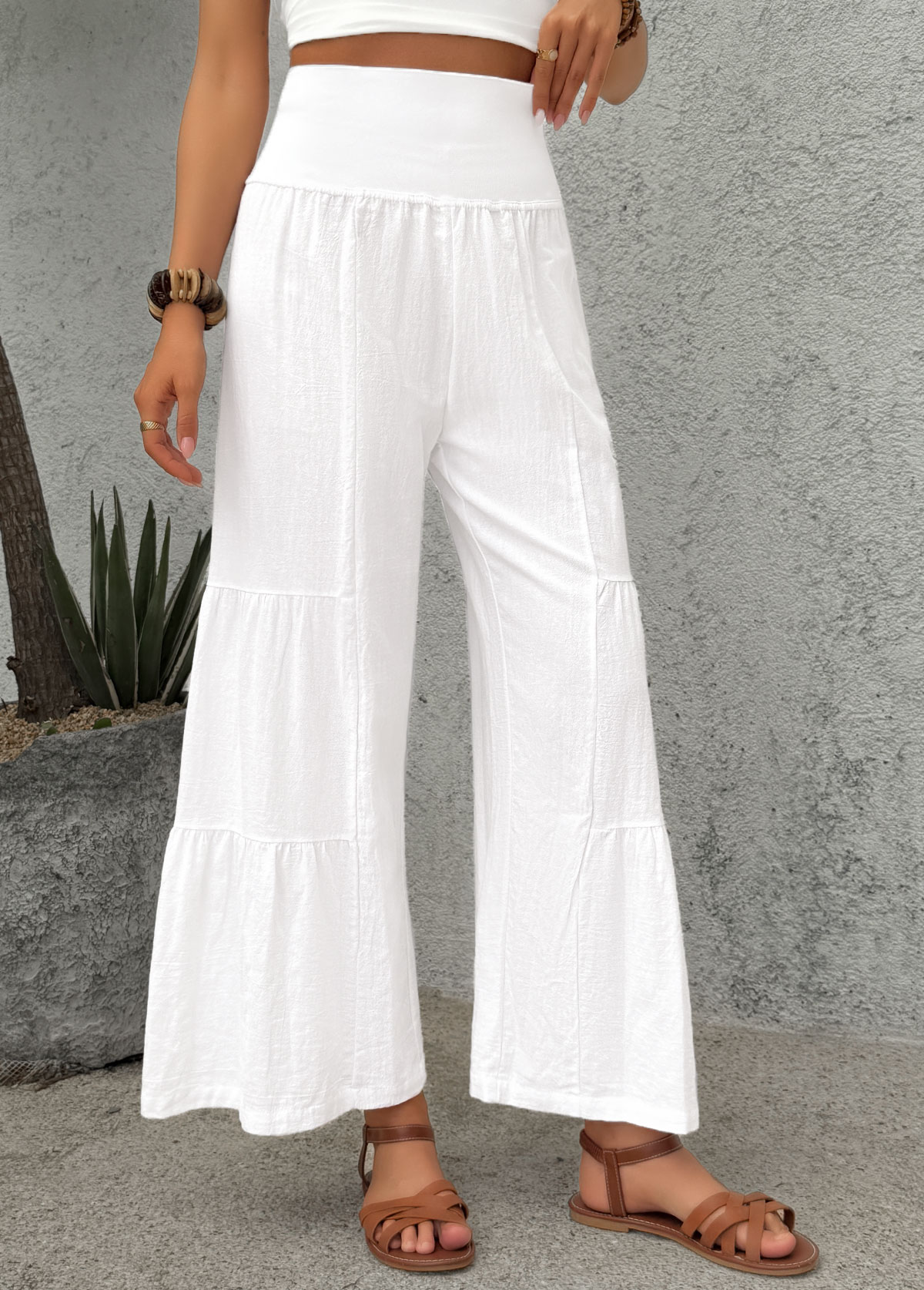 White Wide Leg Elastic Waist High Waisted Pants | picture 