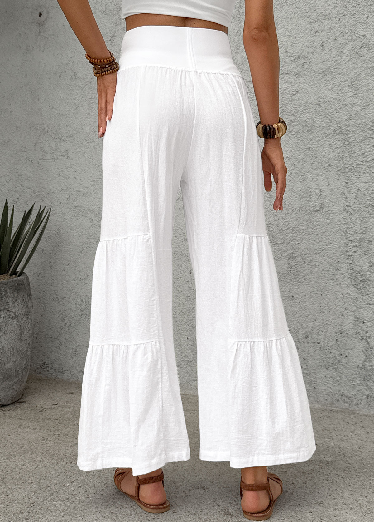 White Wide Leg Elastic Waist High Waisted Pants | picture 