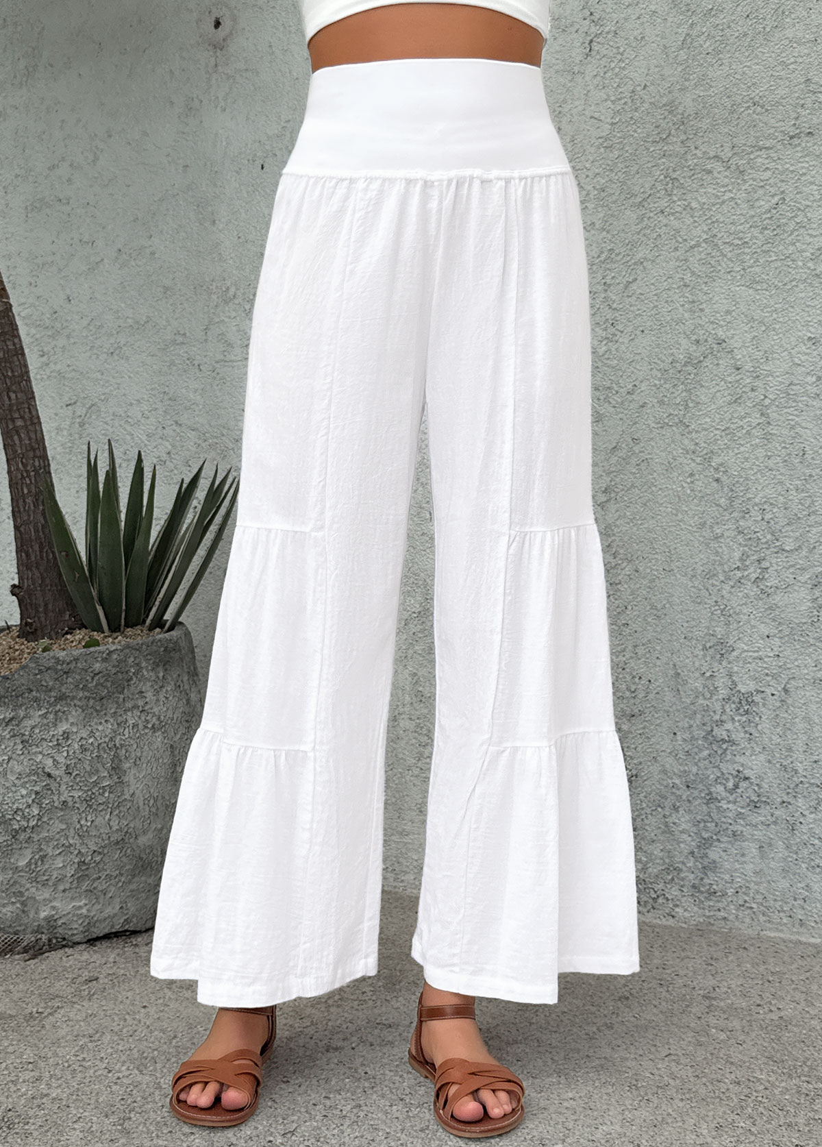 White Wide Leg Elastic Waist High Waisted Pants | picture 