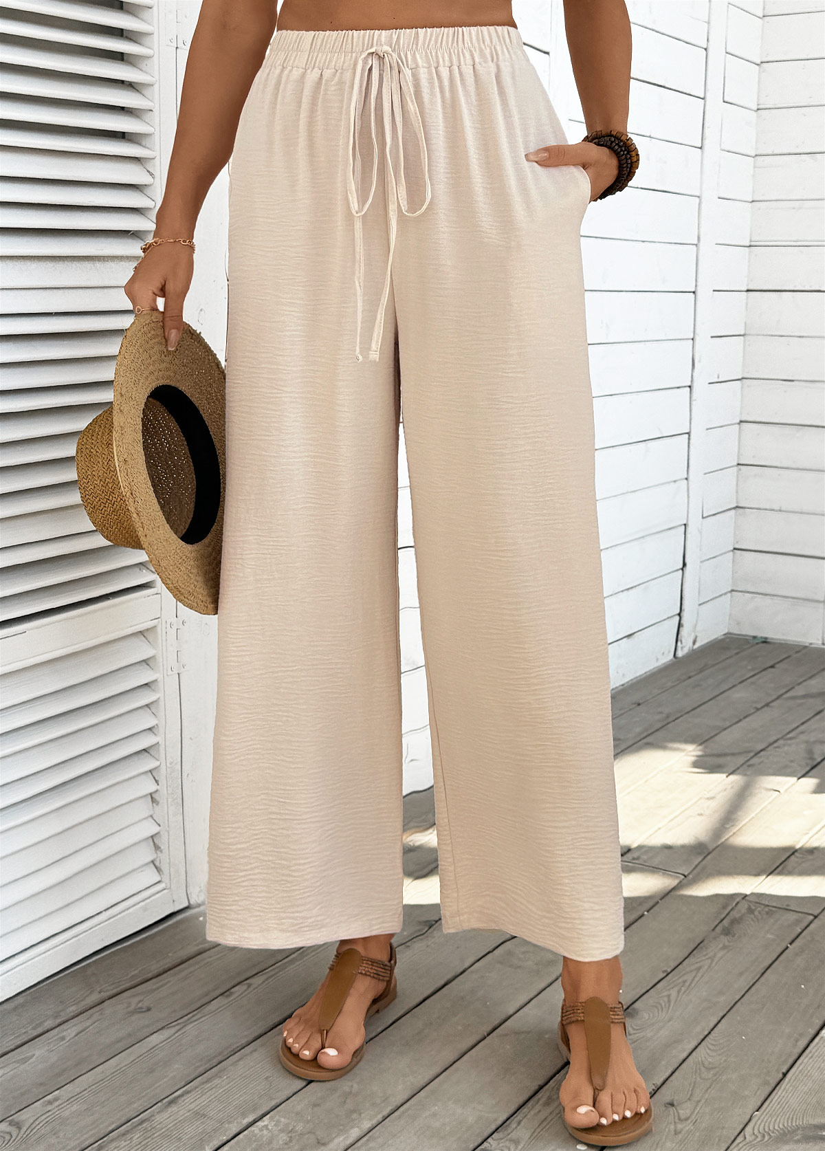Dark Camel Pocket Wide Leg Elastic Waist Pants | picture 