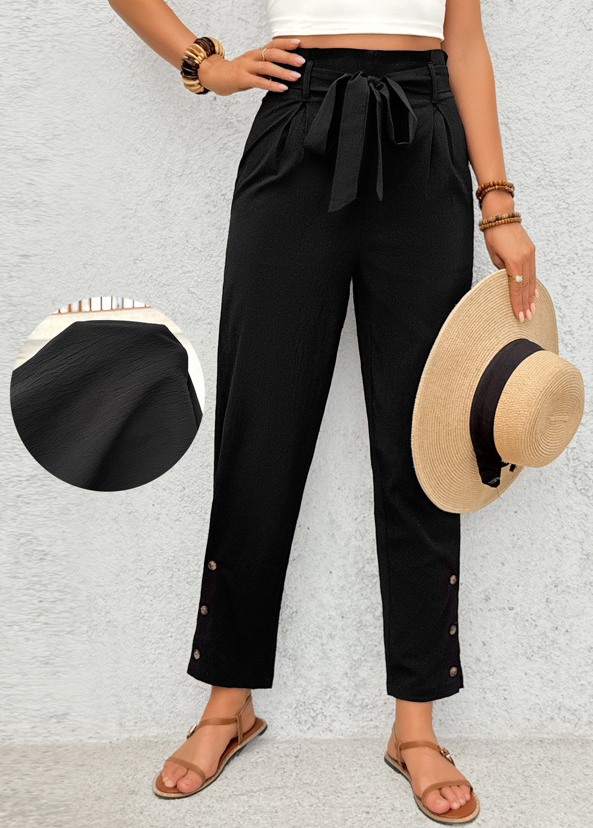 Black Soft Straight Leg Elastic Waist High Waisted Pants | picture 