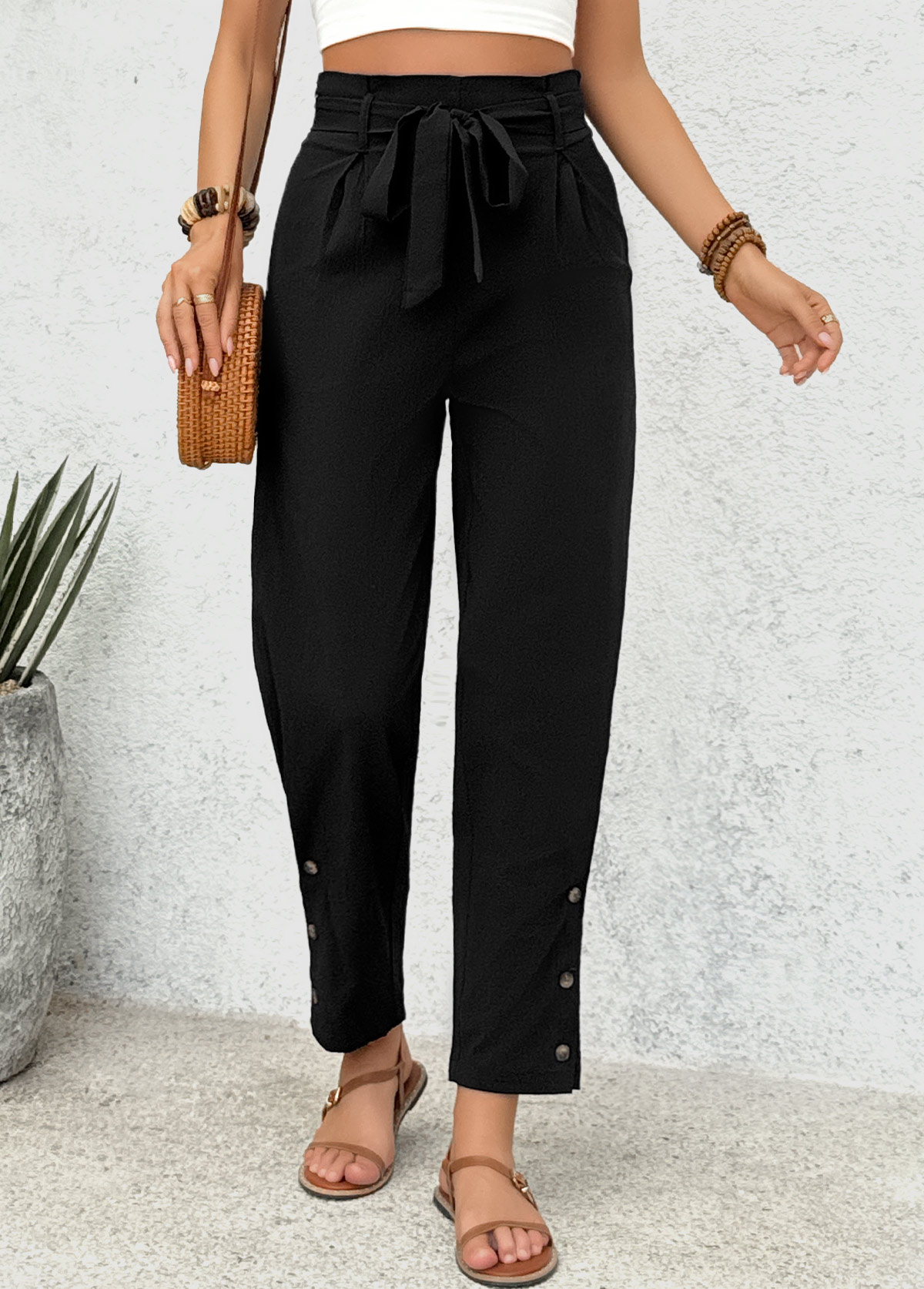 Black Soft Straight Leg Elastic Waist High Waisted Pants | picture 