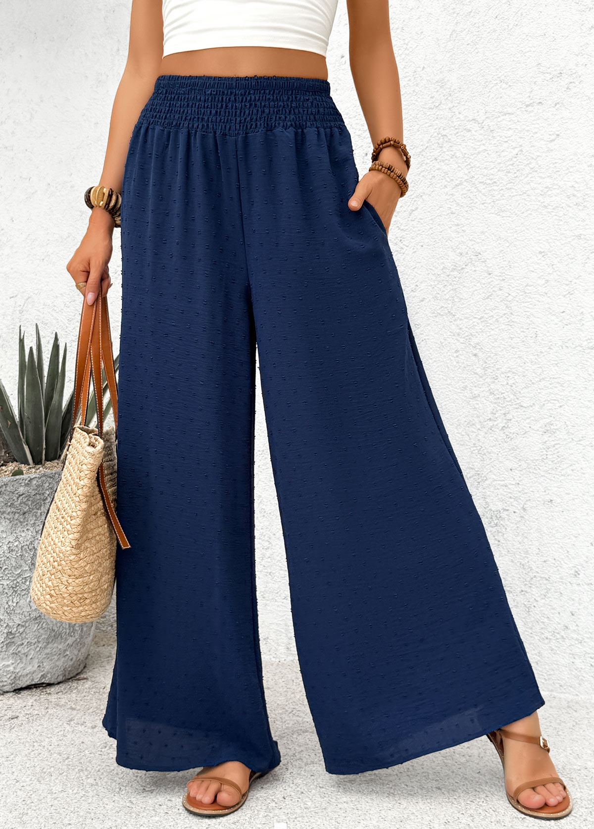 Navy Pocket Wide Leg Elastic Waist High Waisted Pants | picture 
