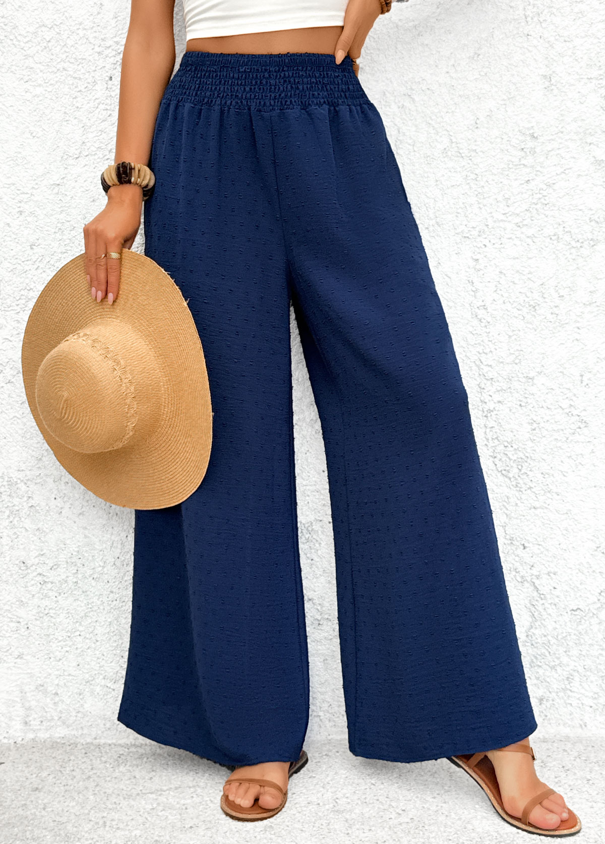 Navy Pocket Wide Leg Elastic Waist High Waisted Pants | picture 