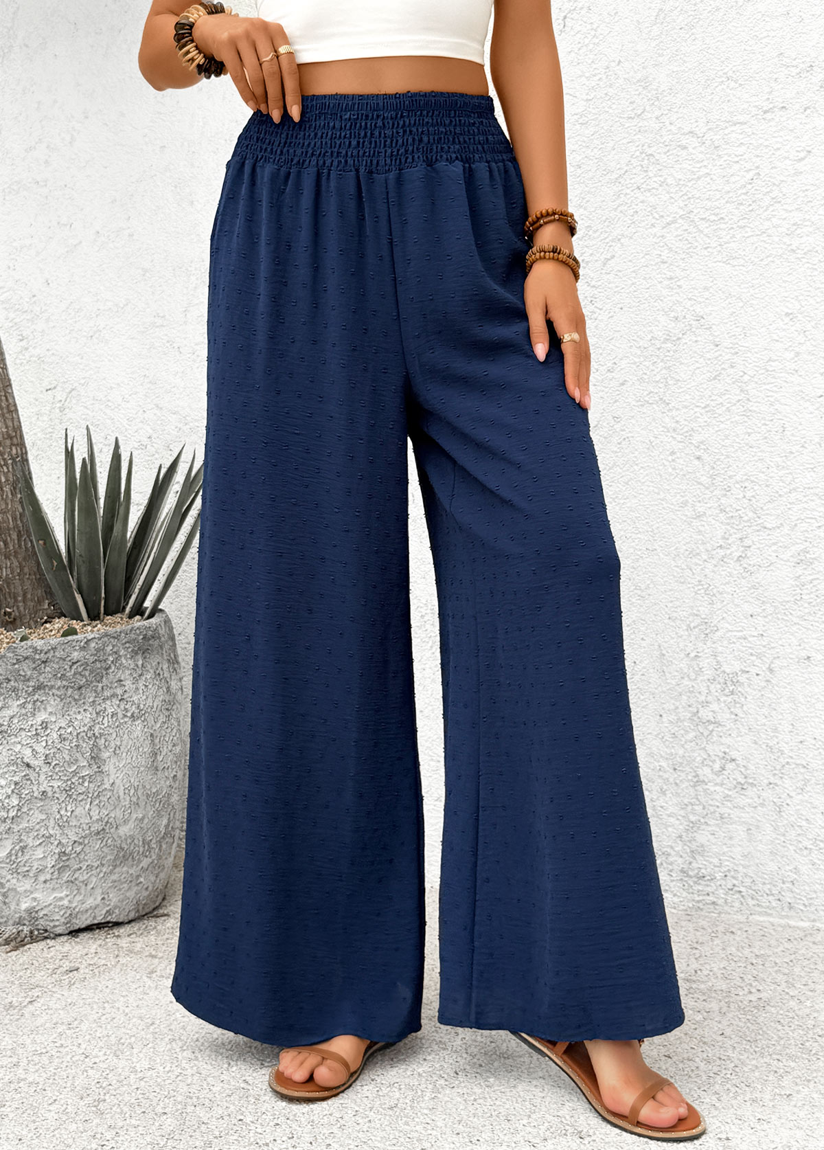 Navy Pocket Wide Leg Elastic Waist High Waisted Pants | picture 