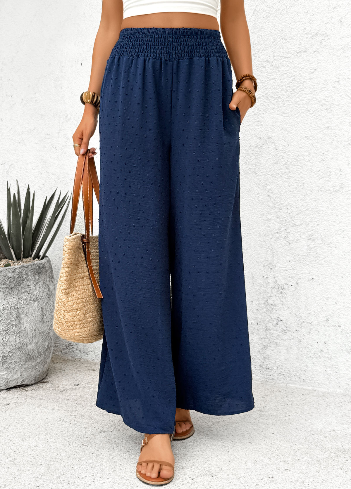 Navy Pocket Wide Leg Elastic Waist High Waisted Pants | picture 