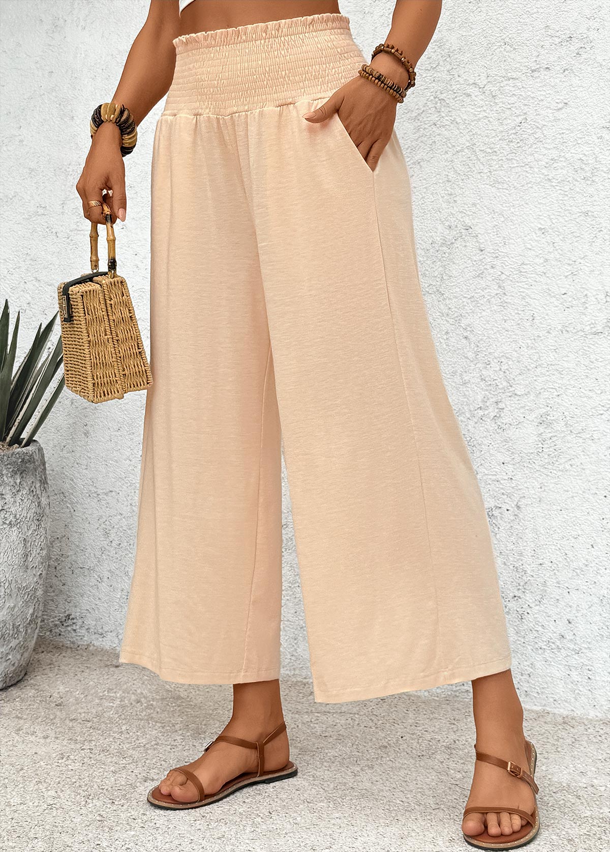 Light Coffee Flowy Wide Leg Elastic Waist Pants | picture 