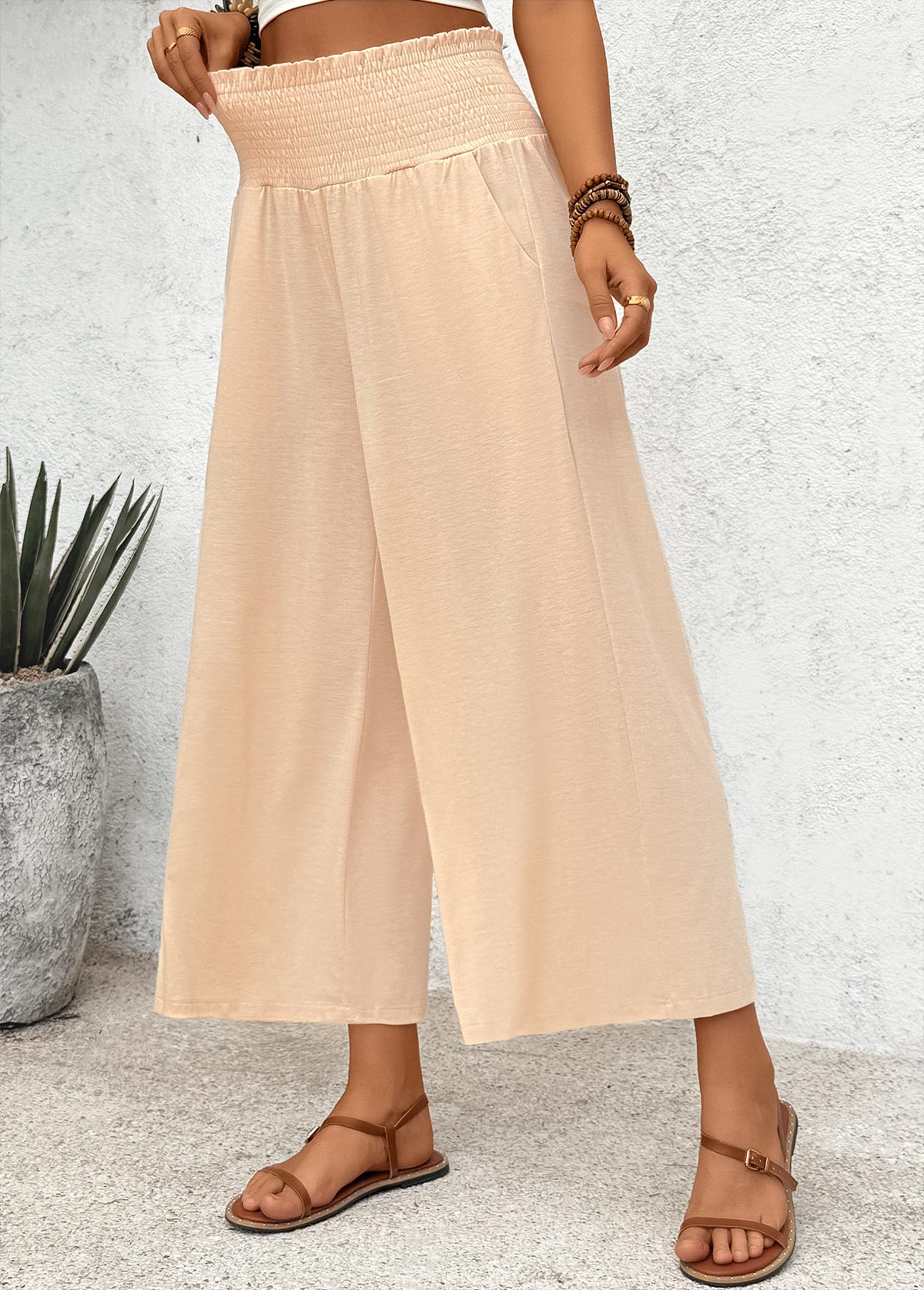 Light Coffee Flowy Wide Leg Elastic Waist Pants | picture 
