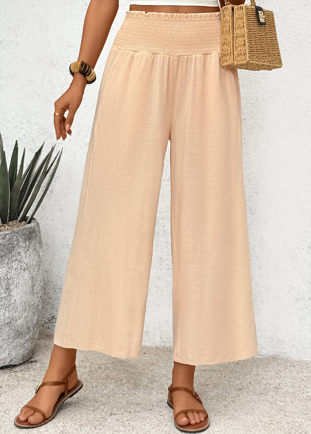 Light Coffee Flowy Wide Leg Elastic Waist Pants | picture 