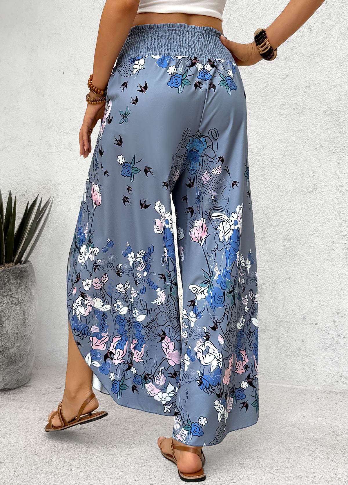 Blue Floral Print Wide Leg Elastic Waist Pants | picture 