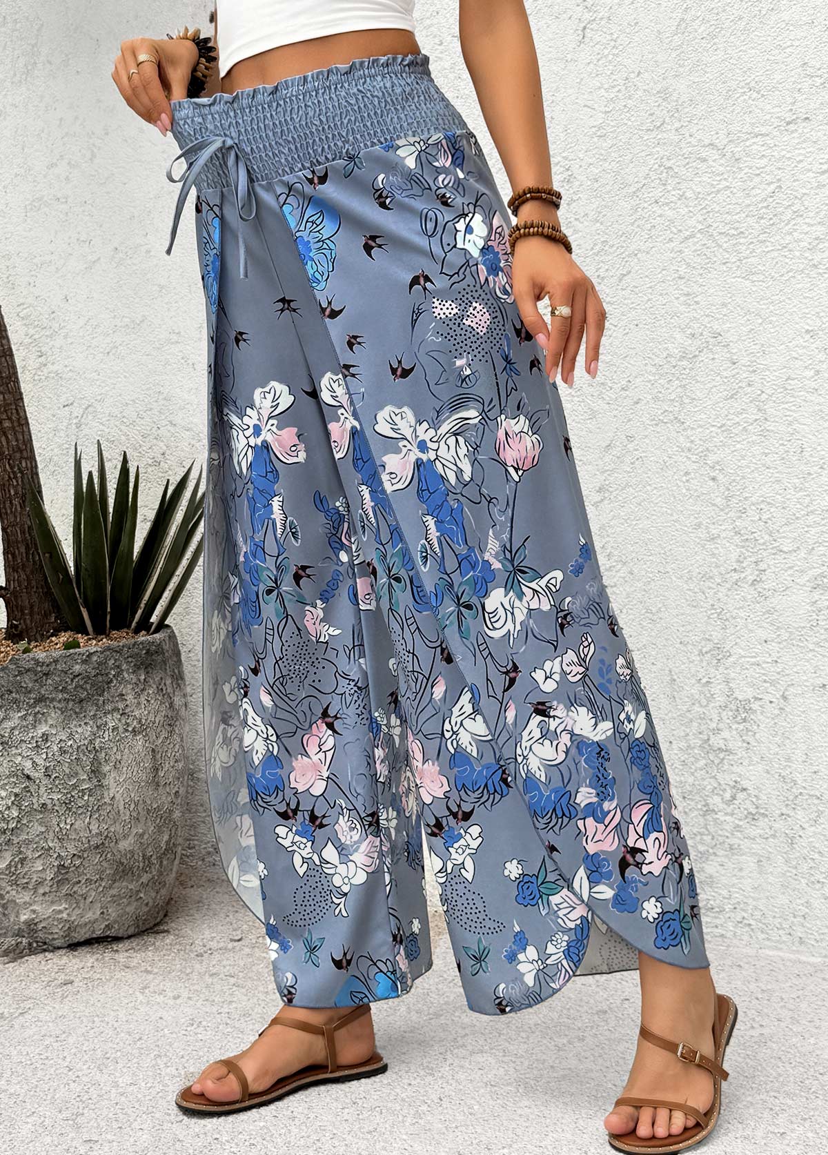 Blue Floral Print Wide Leg Elastic Waist Pants | picture 