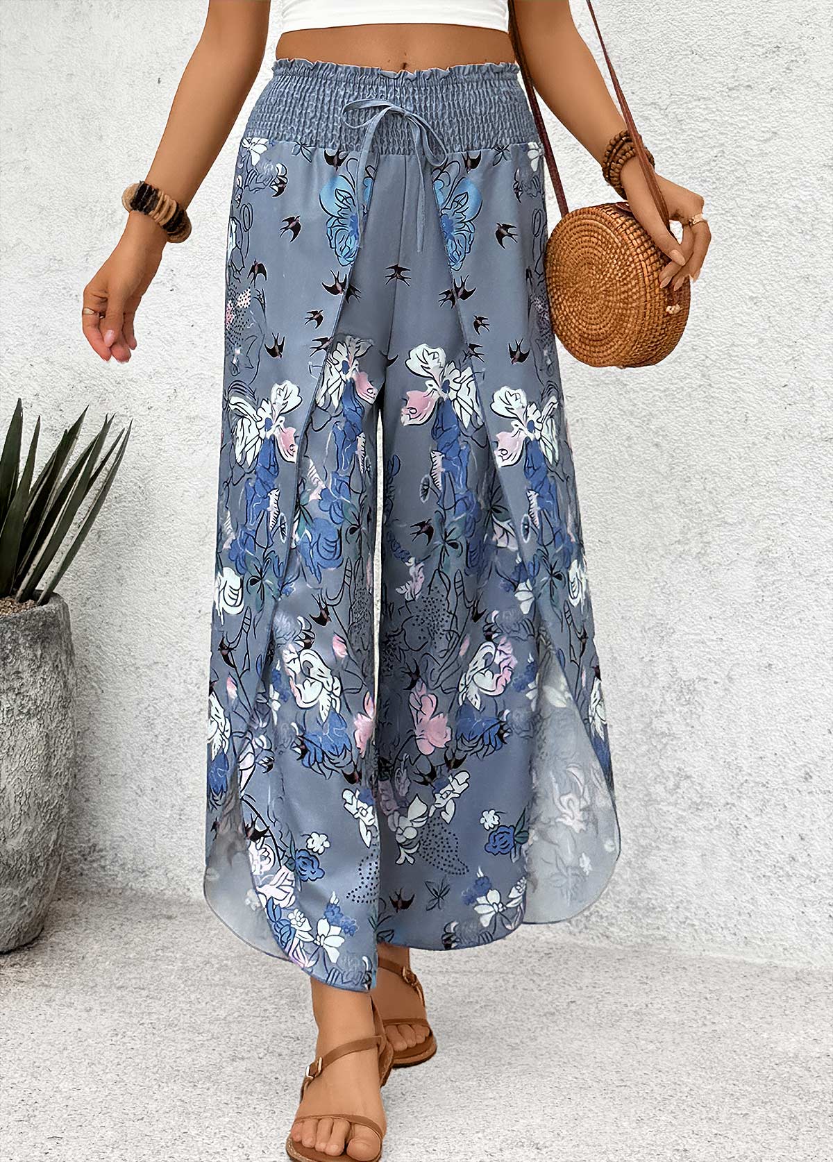 Blue Floral Print Wide Leg Elastic Waist Pants | picture 