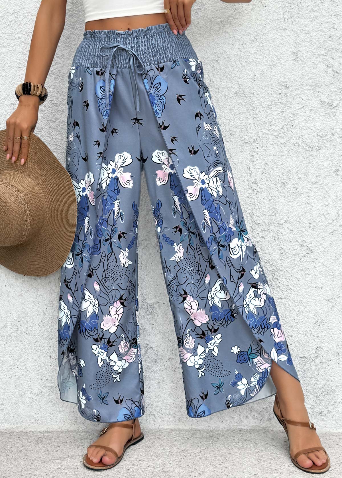 Blue Floral Print Wide Leg Elastic Waist Pants | picture 