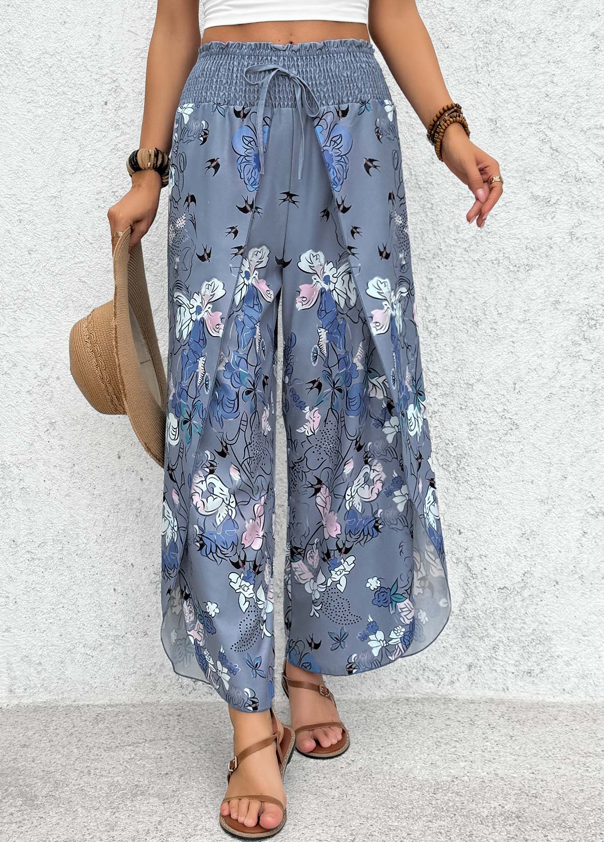 Blue Floral Print Wide Leg Elastic Waist Pants | picture 