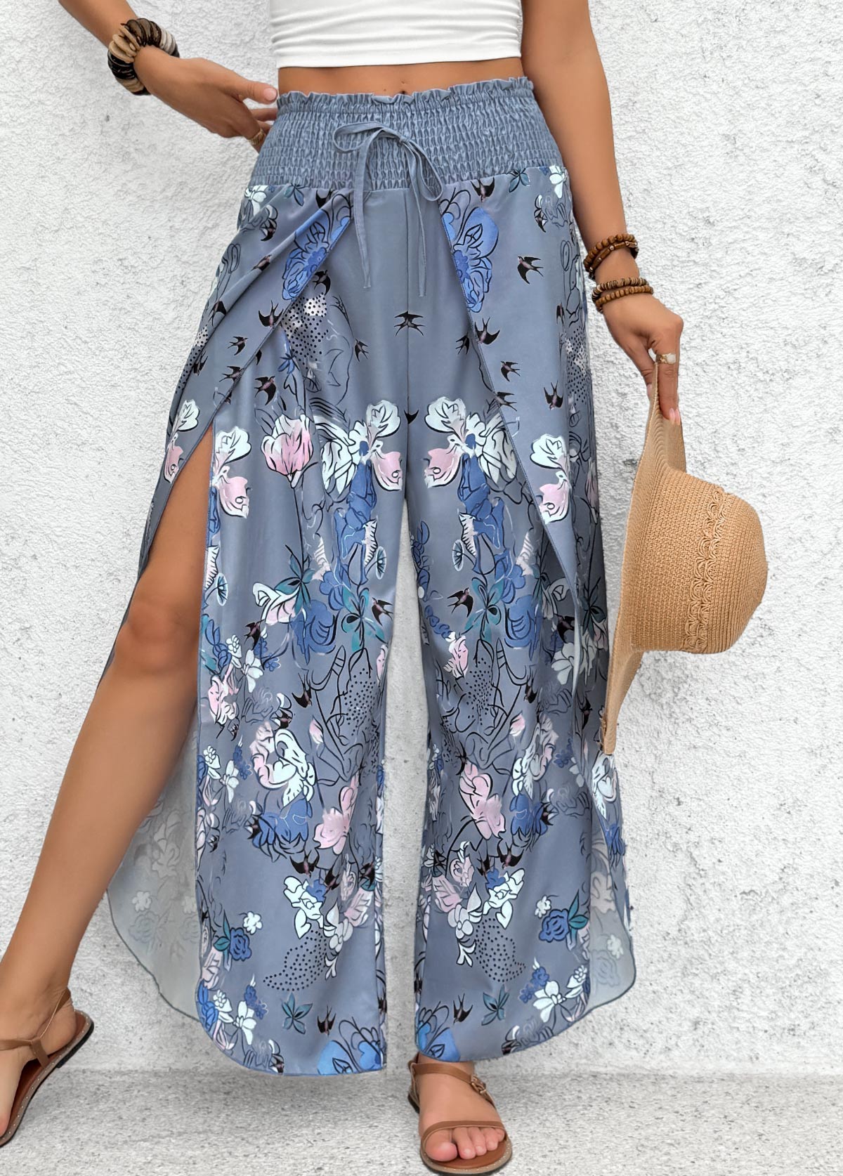 Blue Floral Print Wide Leg Elastic Waist Pants | picture 
