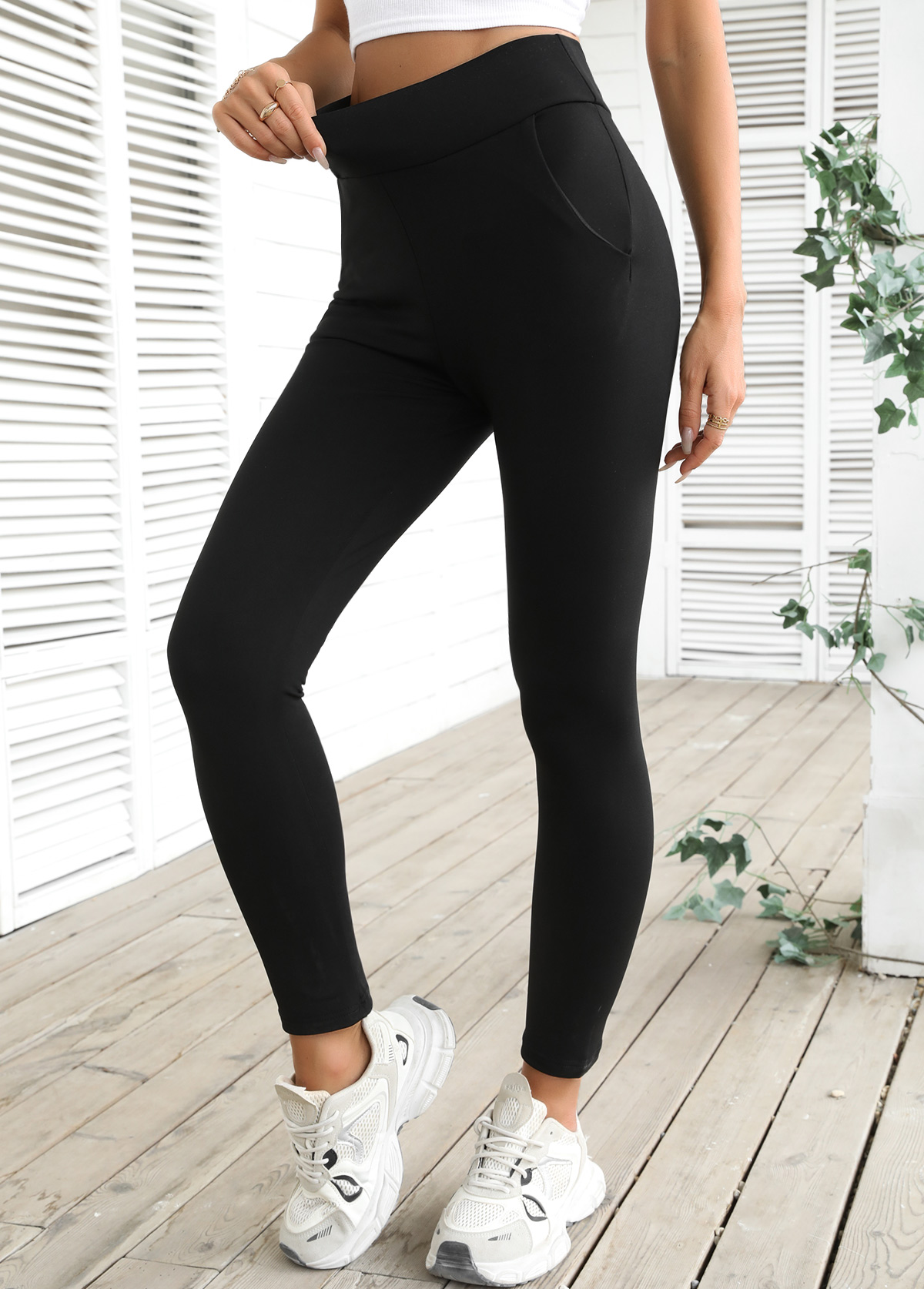 Black High Waisted Ankle Length Elastic Waist Leggings | picture 