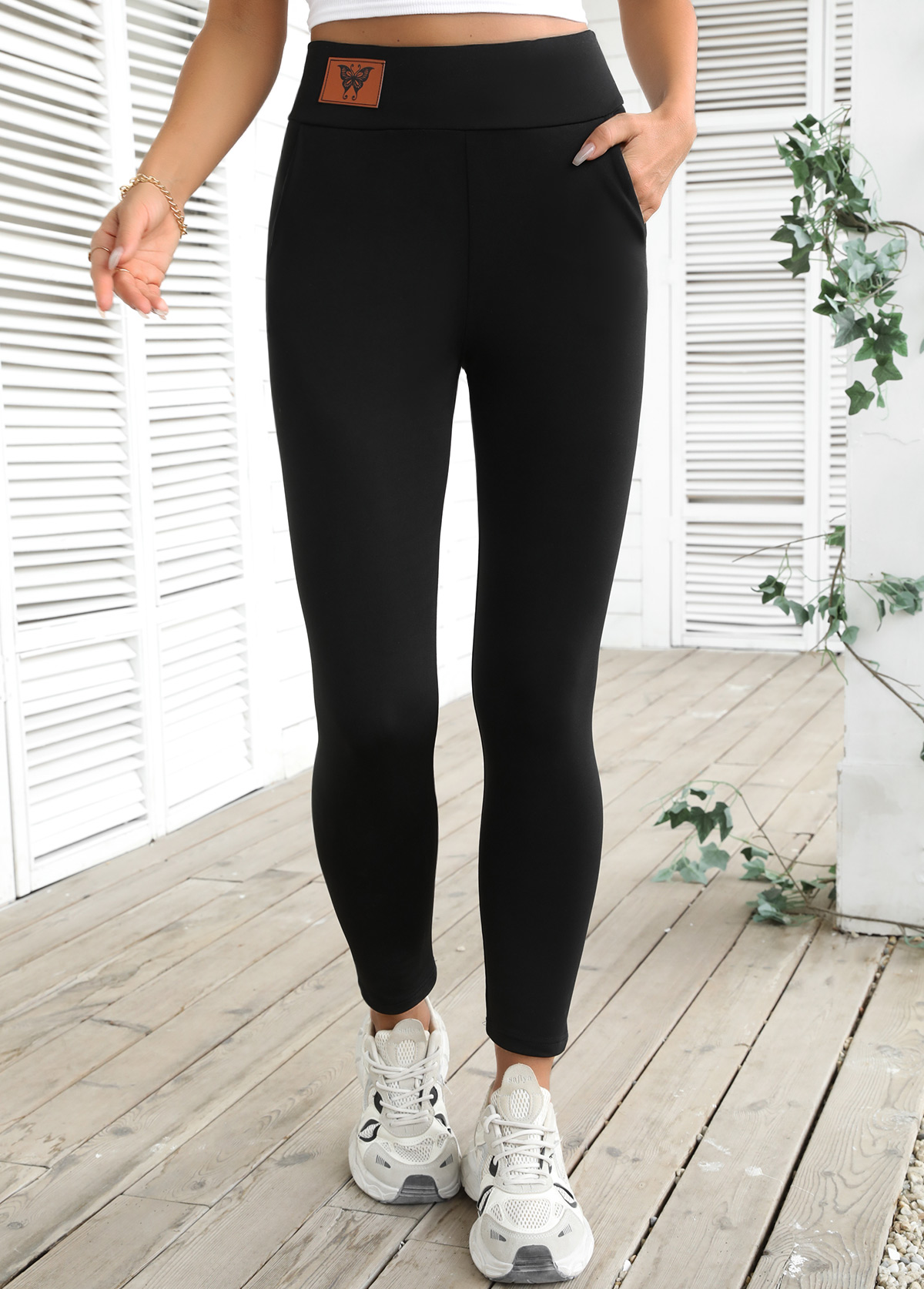 Black High Waisted Ankle Length Elastic Waist Leggings | picture 