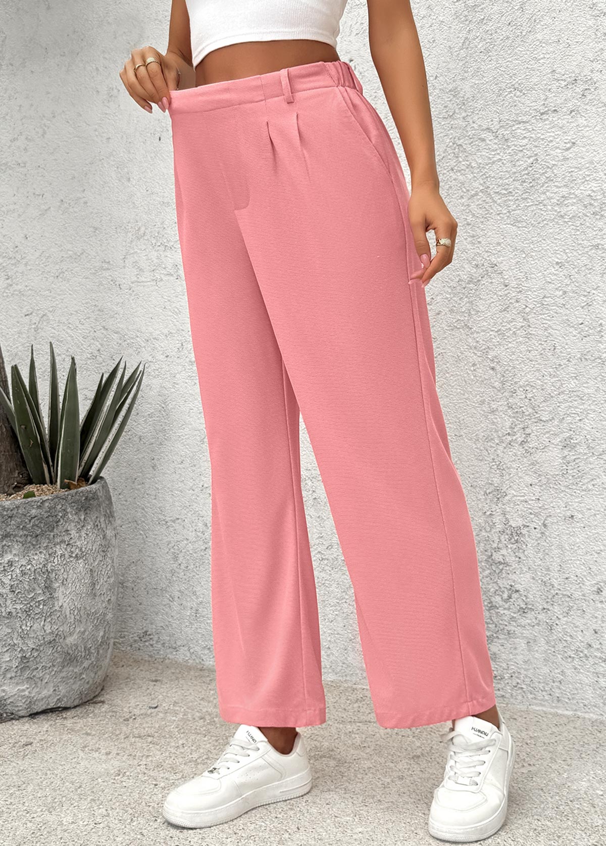 Pink Wide Leg Elastic Waist High Waisted Pants | picture 