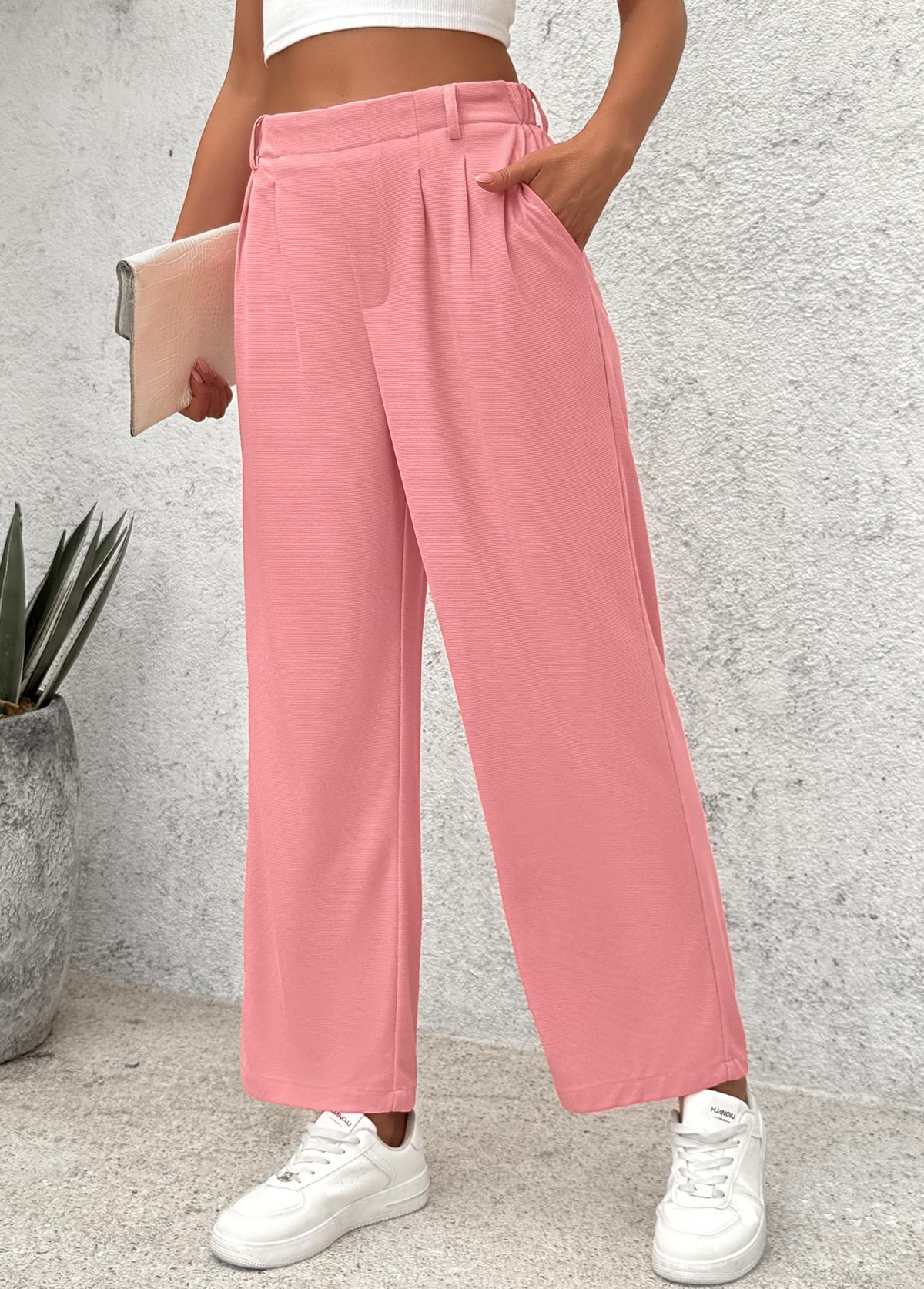 Pink Wide Leg Elastic Waist High Waisted Pants | picture 