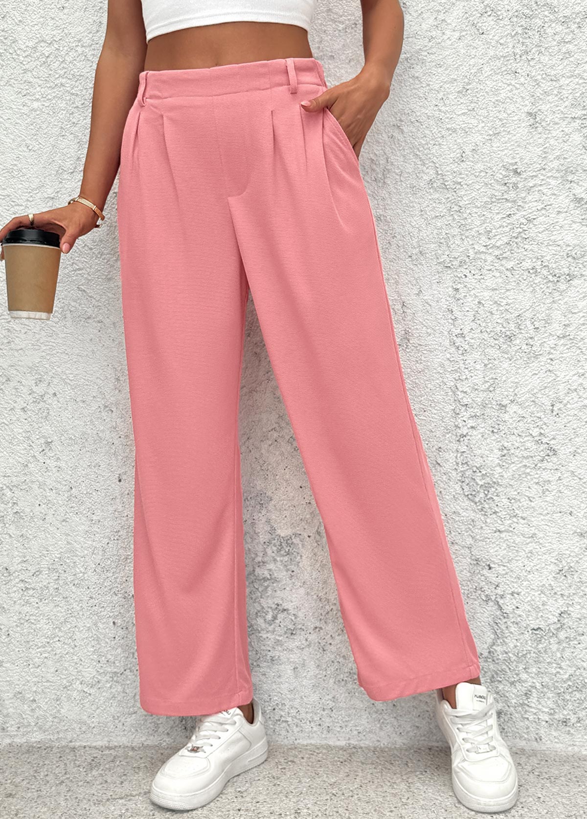 Pink Wide Leg Elastic Waist High Waisted Pants | picture 