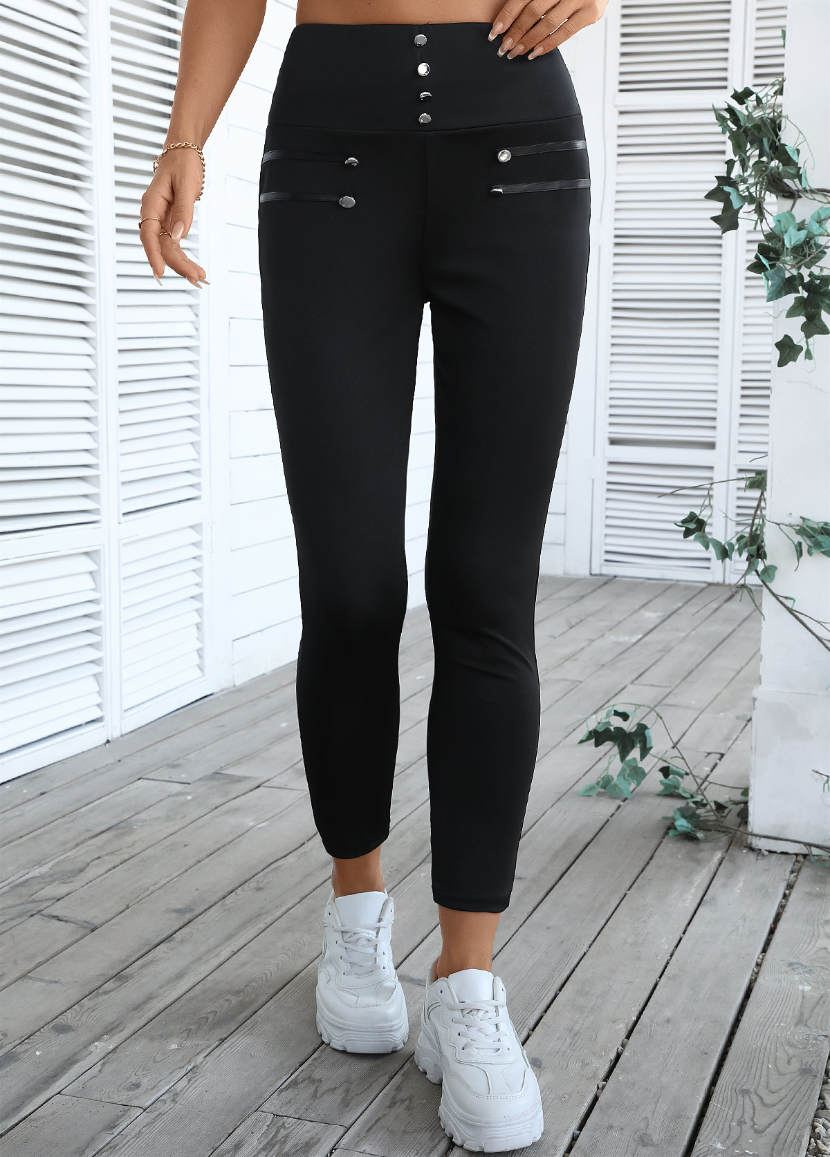 Black Skinny Elastic Waist High Waisted Pants | picture 