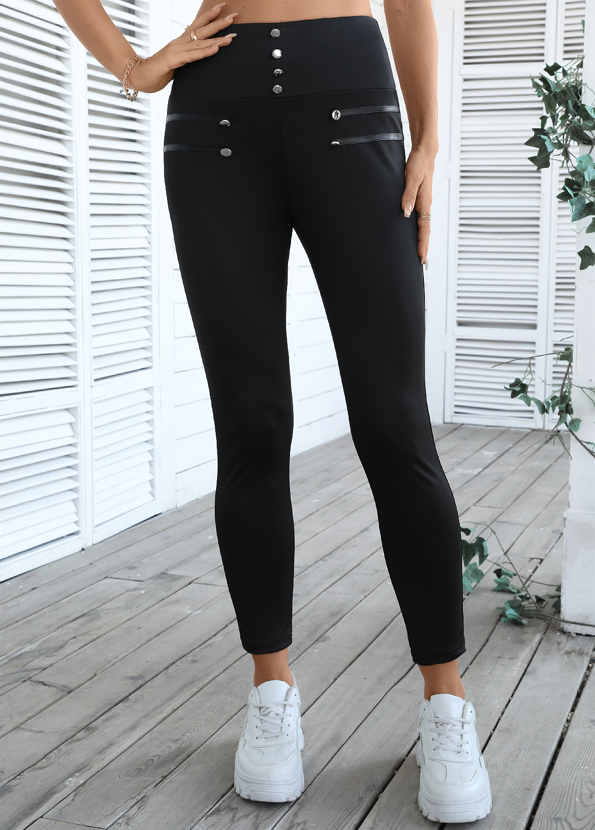 Black Skinny Elastic Waist High Waisted Pants | picture 