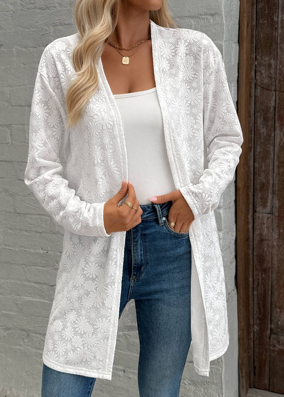 White Texture Long Sleeve Light Cardigan | picture 
