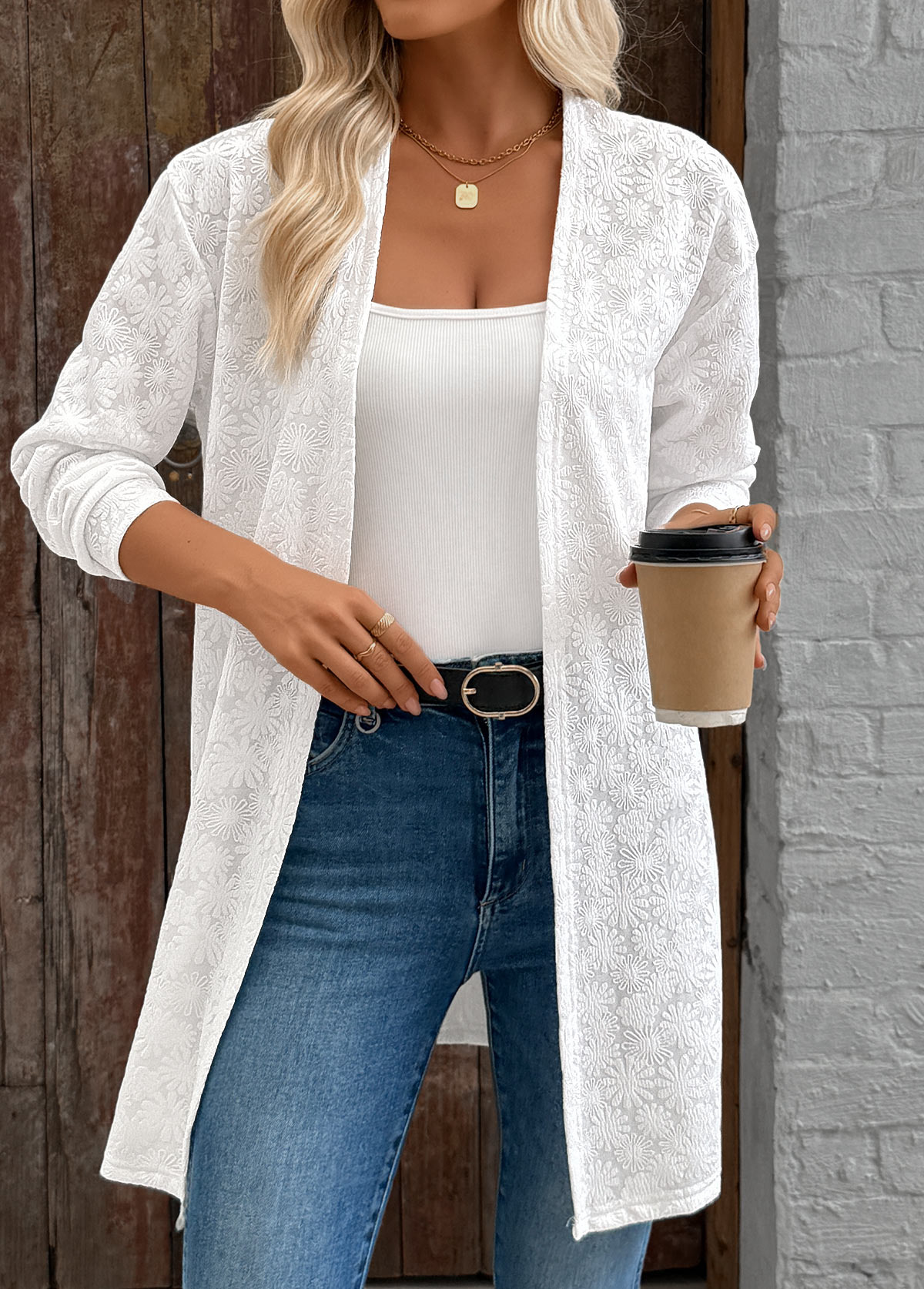 White Texture Long Sleeve Light Cardigan | picture 
