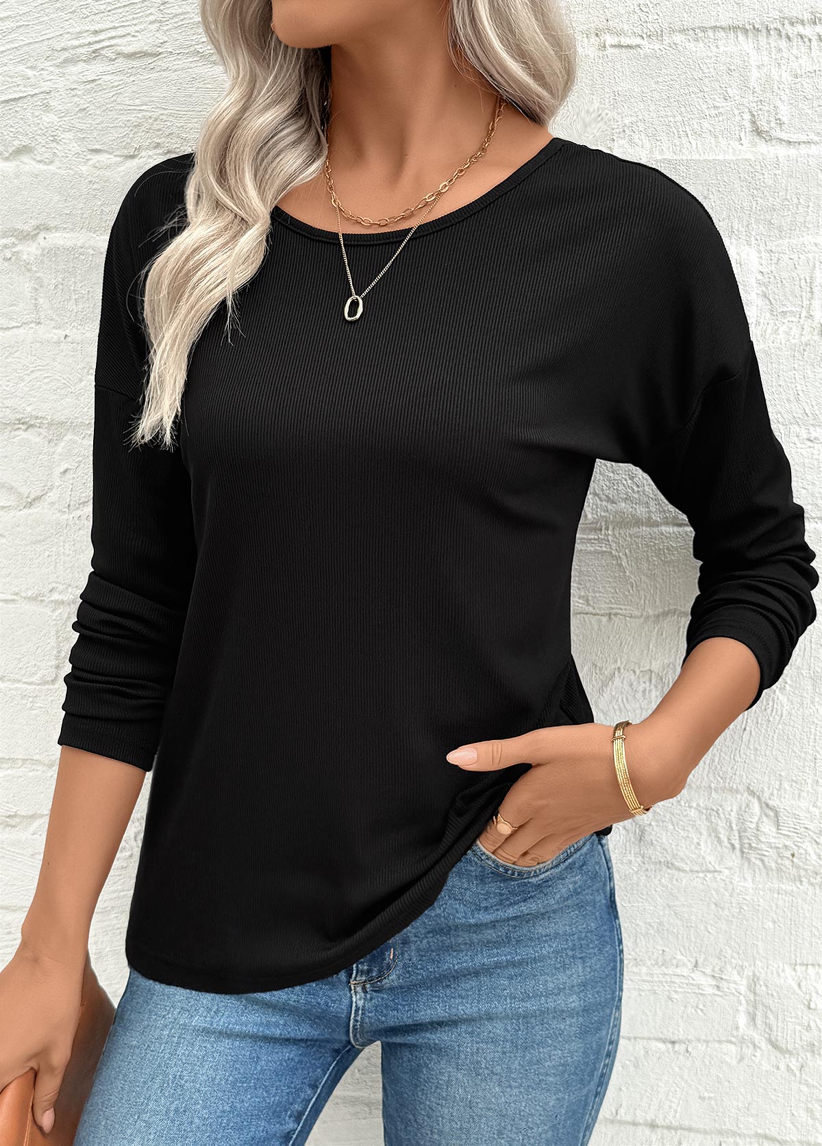 Black Patchwork Long Sleeve Round Neck T Shirt | picture 