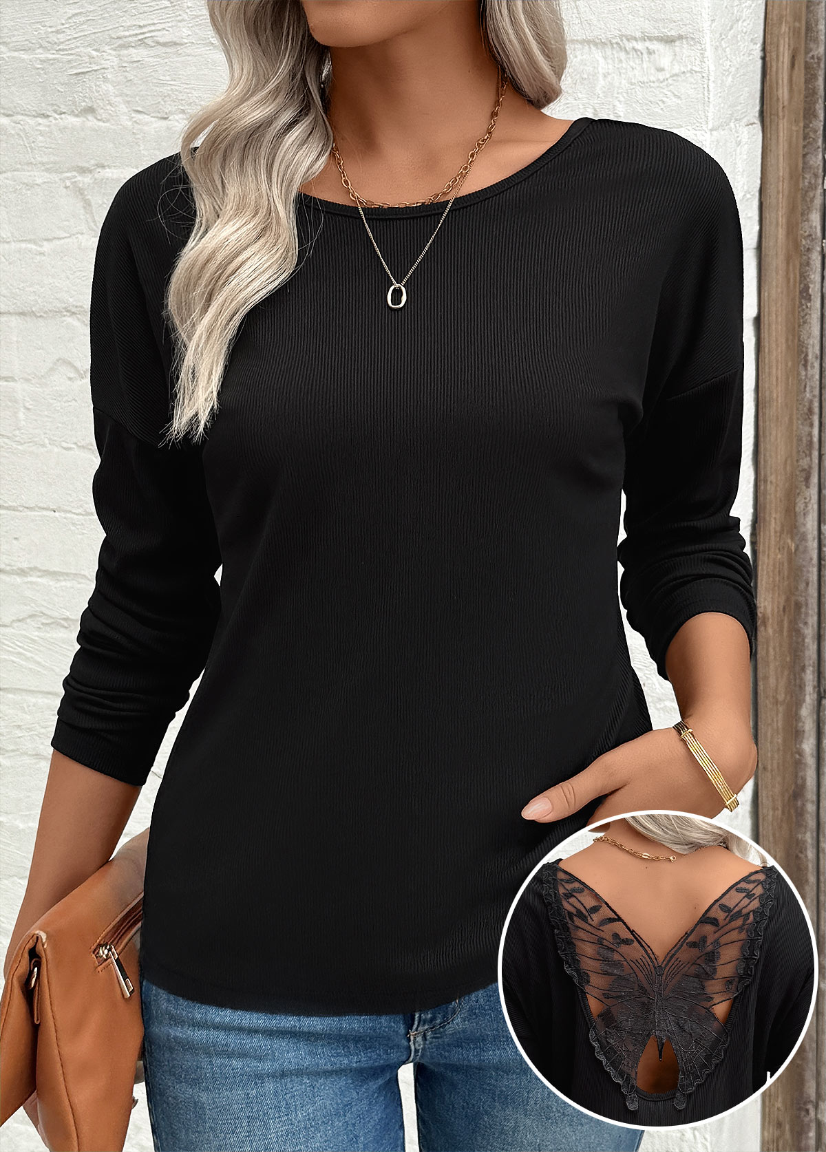 Black Patchwork Long Sleeve Round Neck T Shirt | picture 