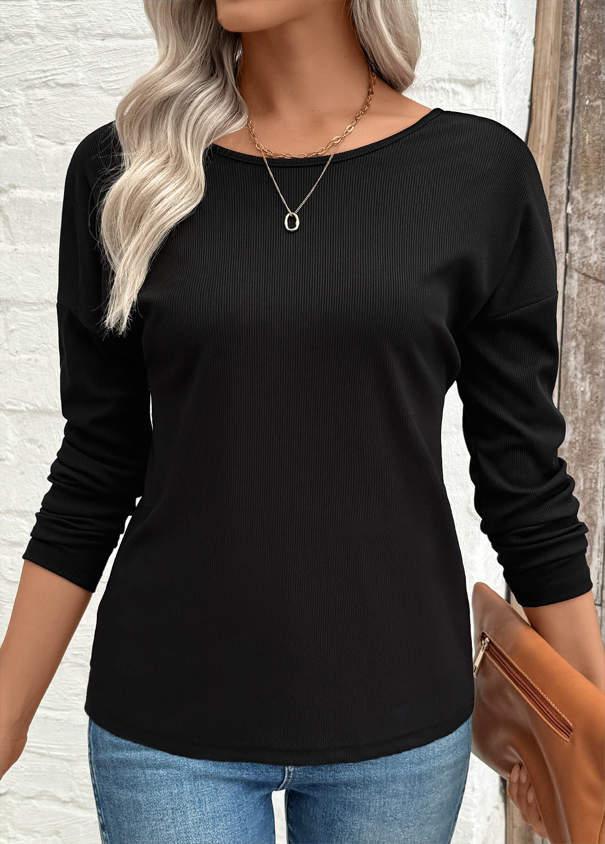 Black Patchwork Long Sleeve Round Neck T Shirt | picture 