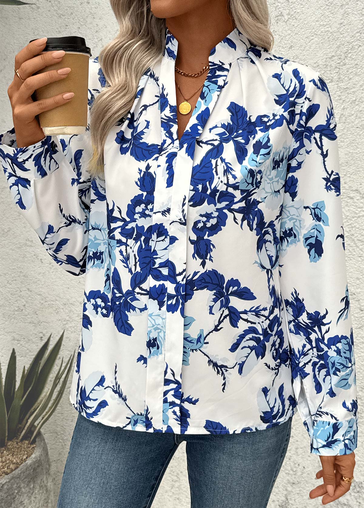 White Plants Print Long Sleeve Split Neck Blouse | picture 