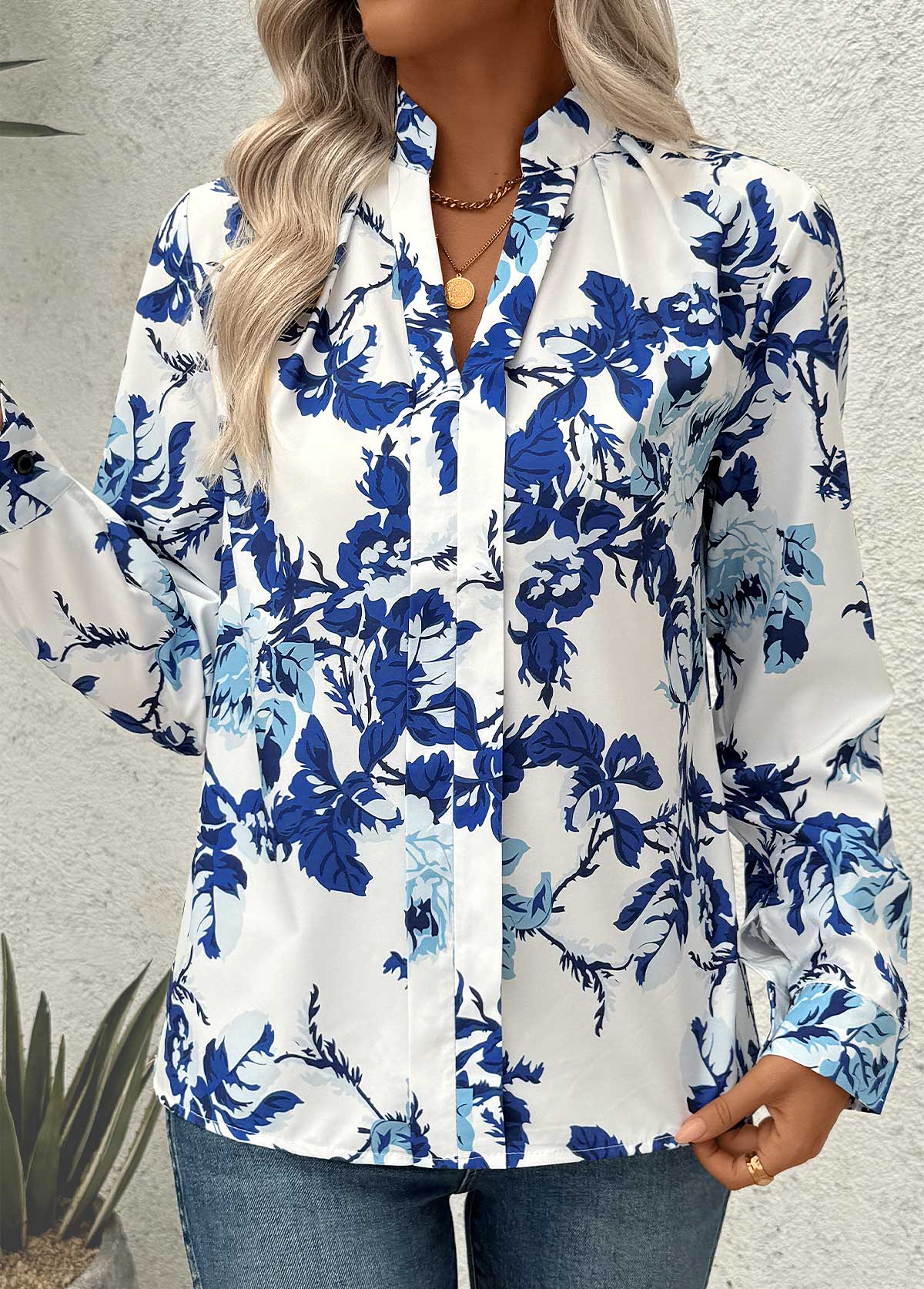 White Plants Print Long Sleeve Split Neck Blouse | picture 