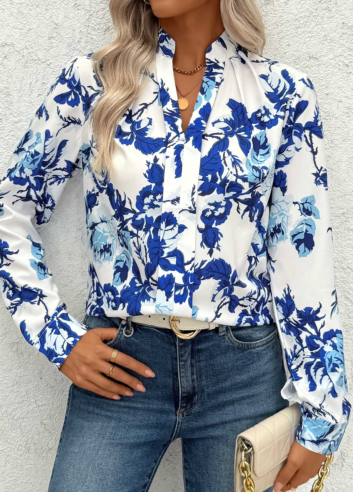 White Plants Print Long Sleeve Split Neck Blouse | picture 