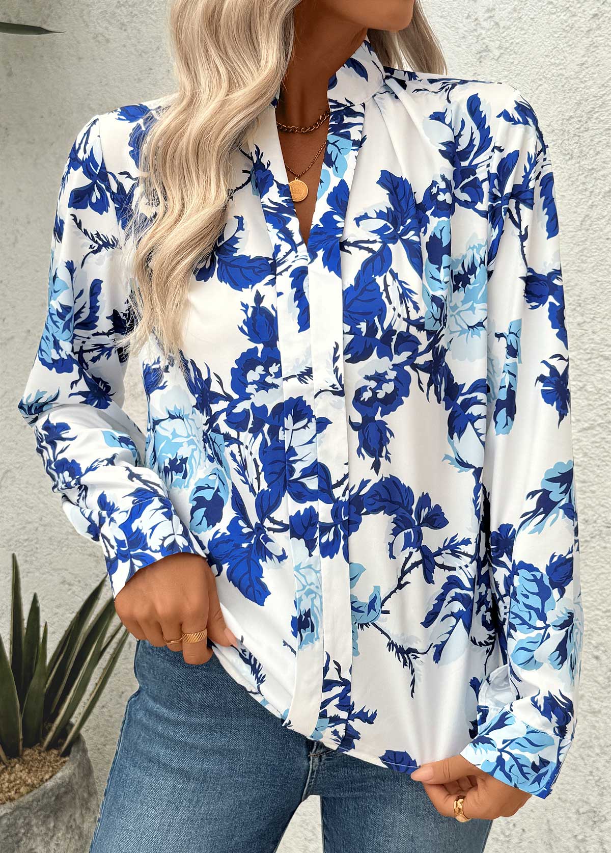 White Plants Print Long Sleeve Split Neck Blouse | picture 