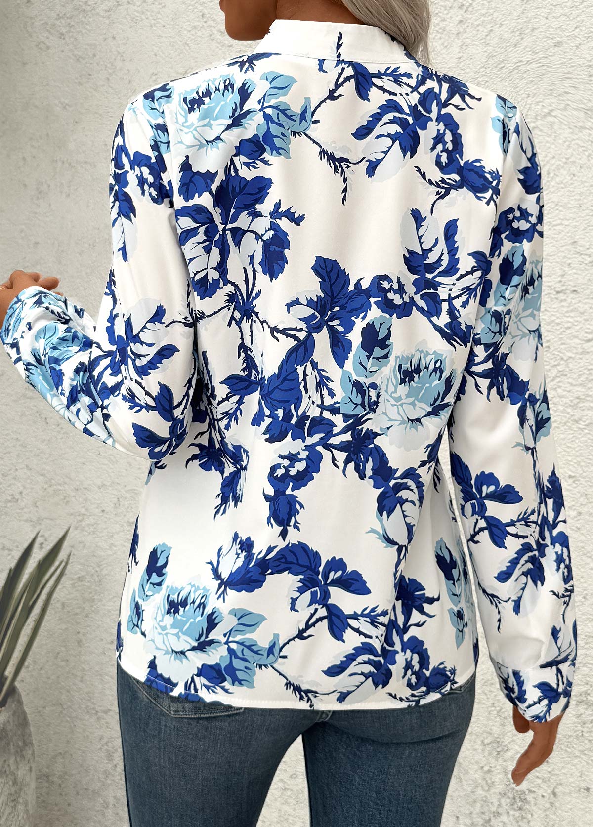 White Plants Print Long Sleeve Split Neck Blouse | picture 