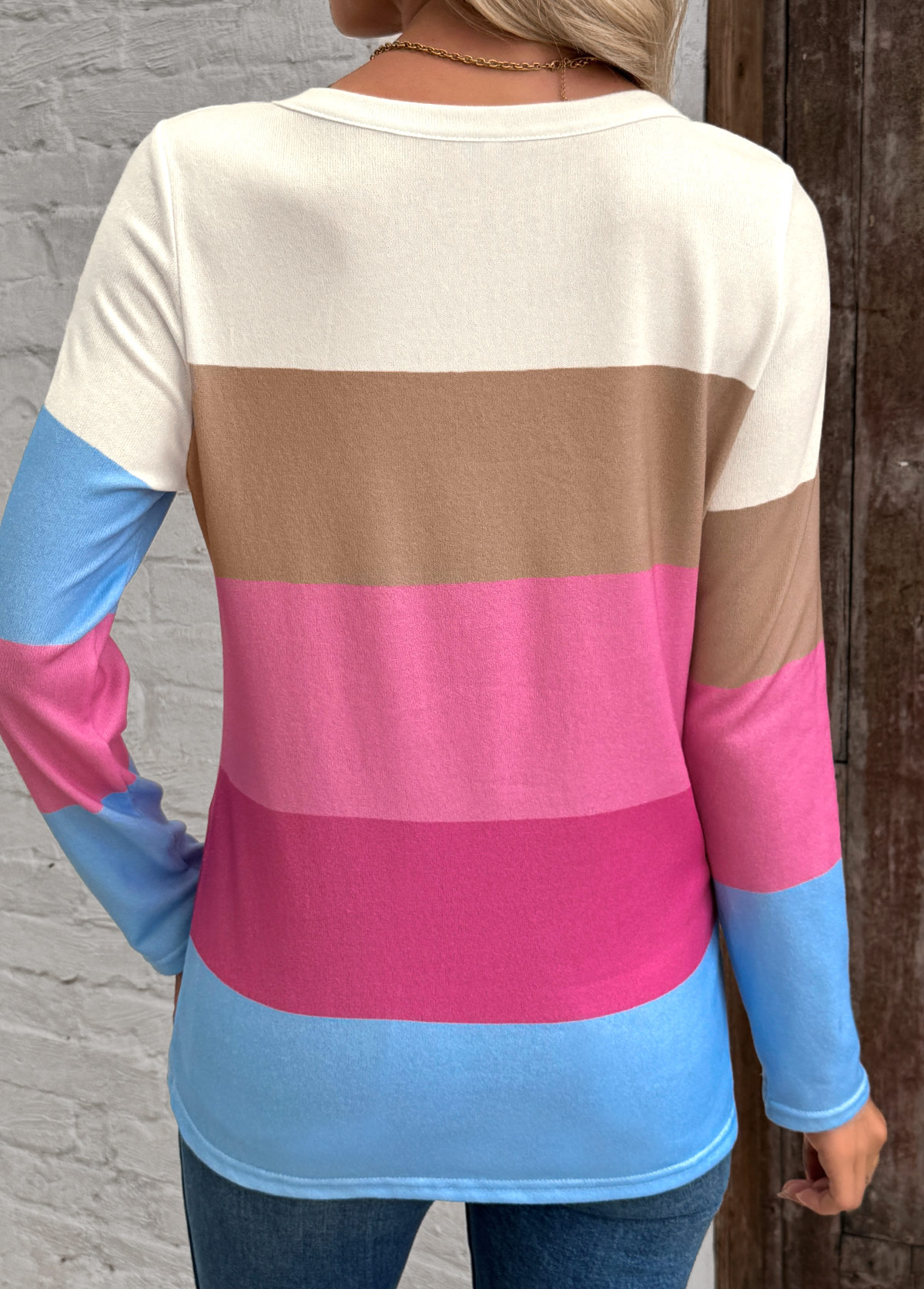 Multi Color Button Long Sleeve Round Neck T Shirt | picture 