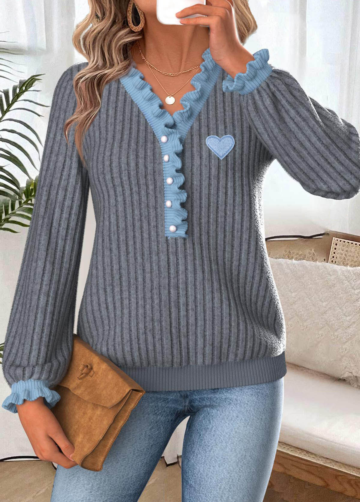 Dark Grey Marl Frill Long Sleeve T Shirt | picture 