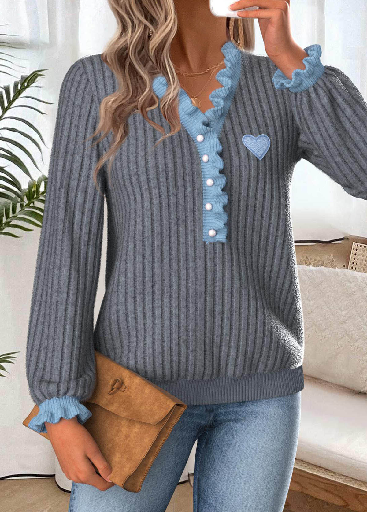 Dark Grey Marl Frill Long Sleeve T Shirt | picture 