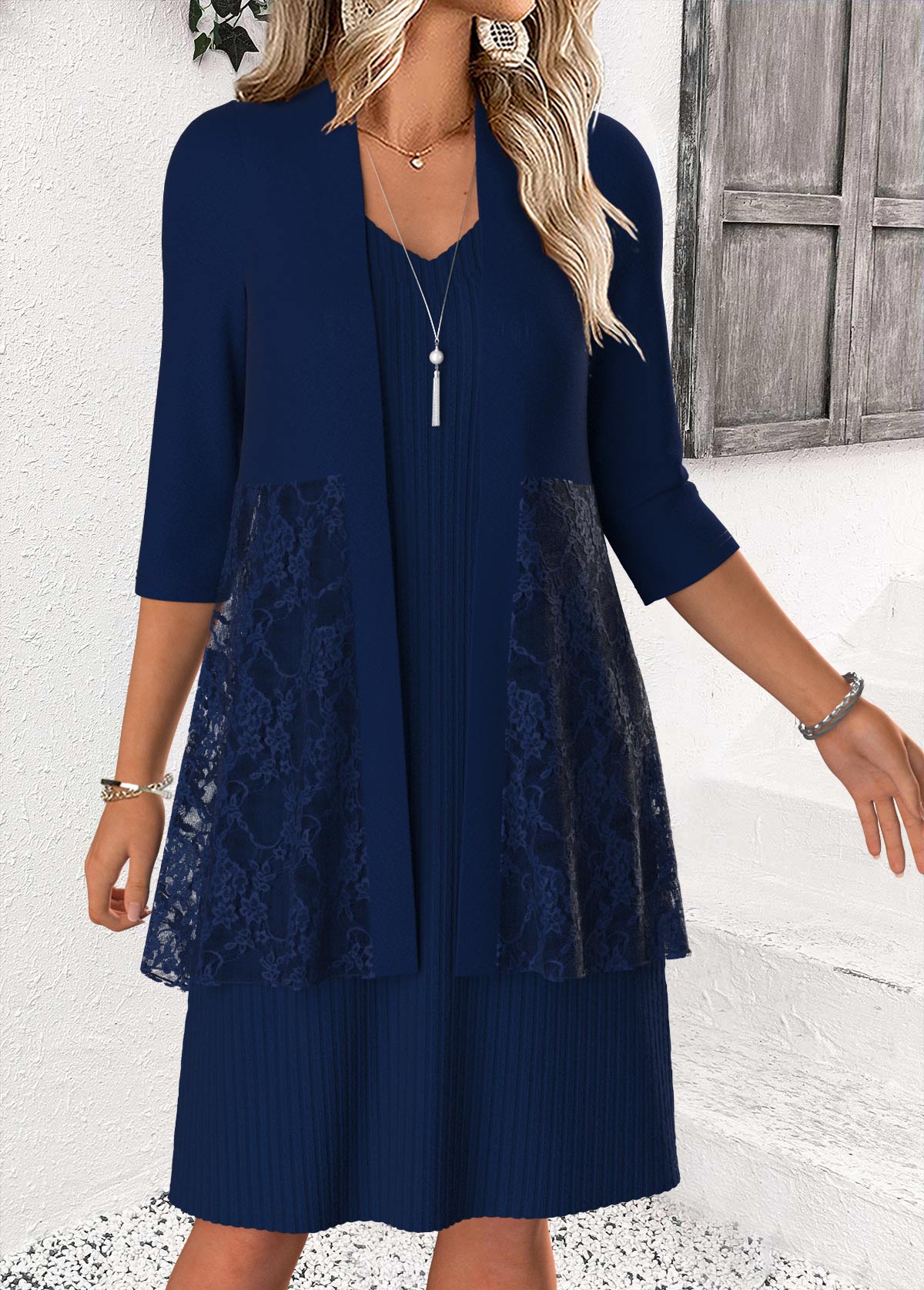 Navy Knit Ribbed Tummy Control Dress and Cardigan Set