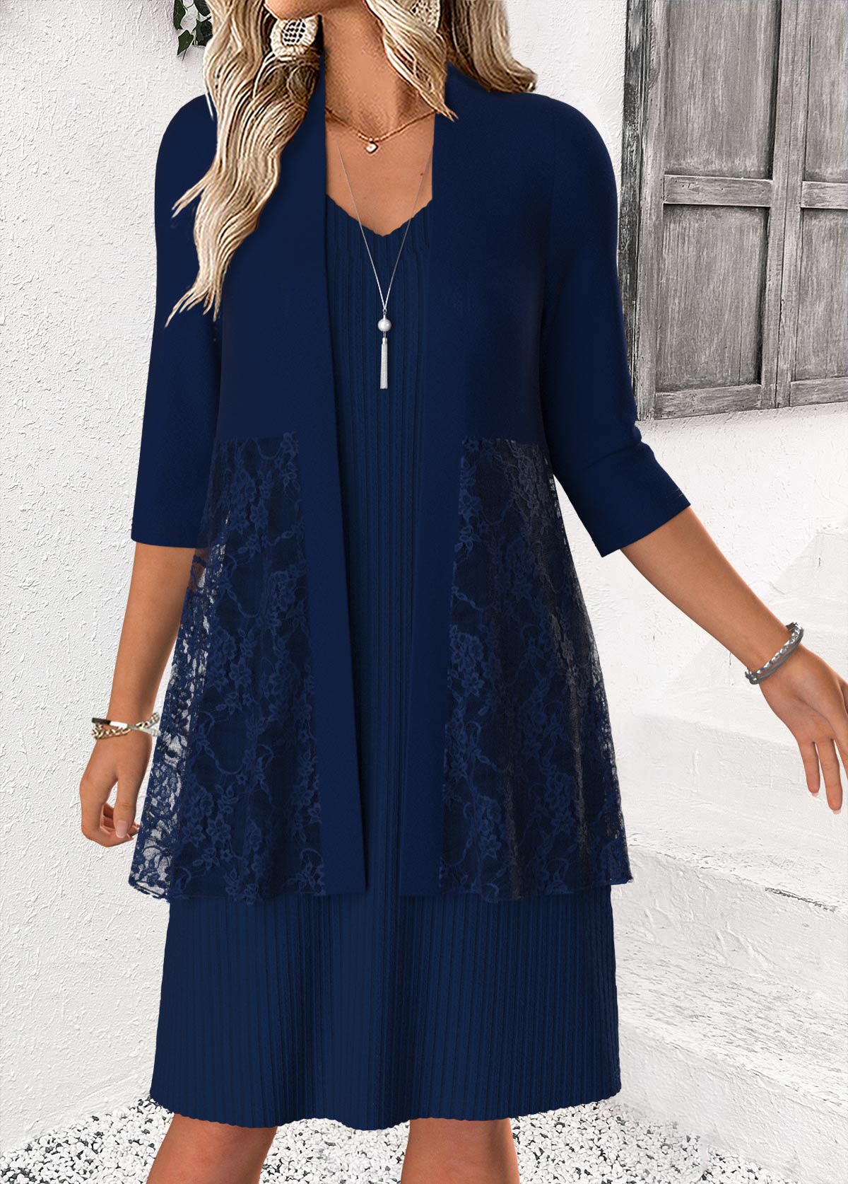 Navy Tummy Coverage Long Sleeve Dress and Cardigan | picture 
