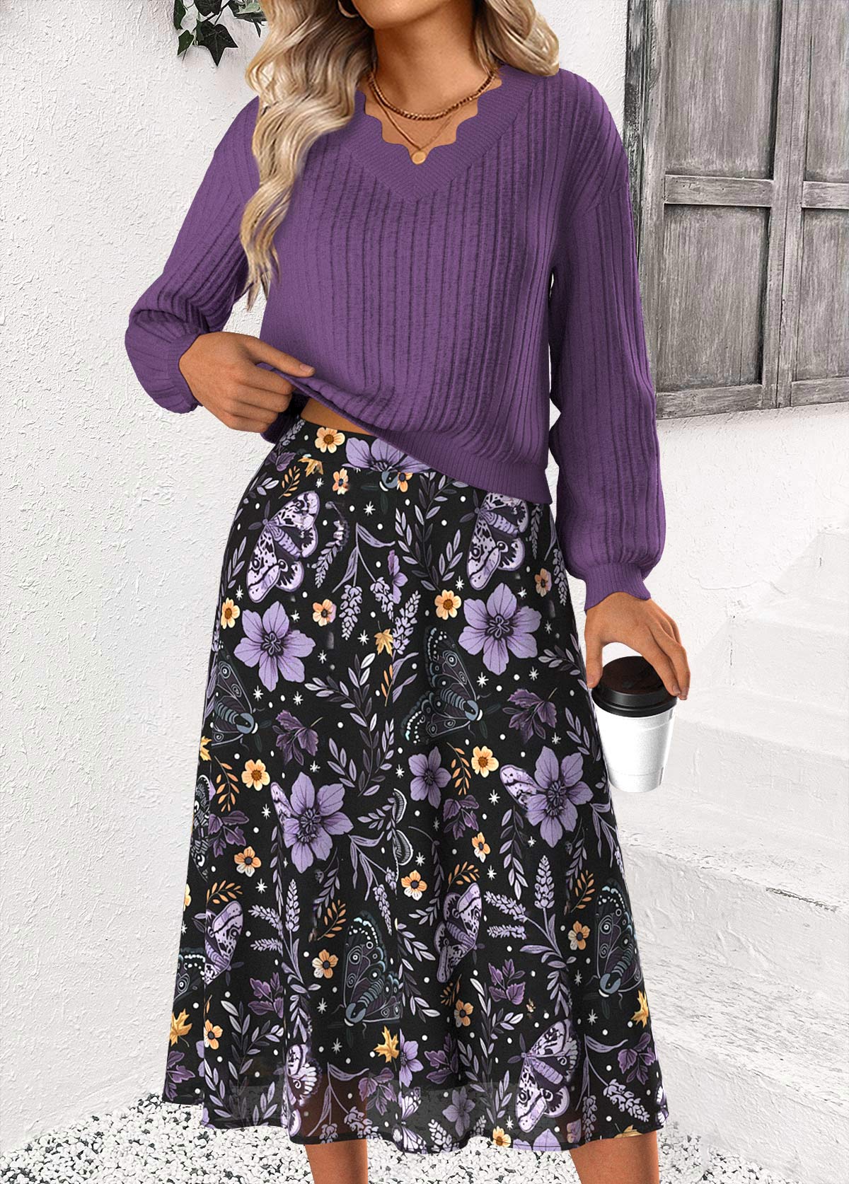Dusty Purple Tummy Coverage Floral Print Top and Skirt | picture 