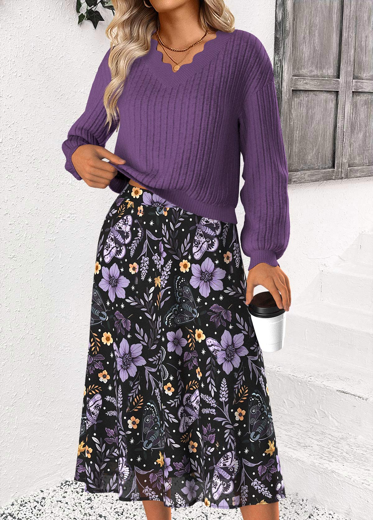 Dusty Purple Tummy Coverage Floral Print Top and Skirt | picture 