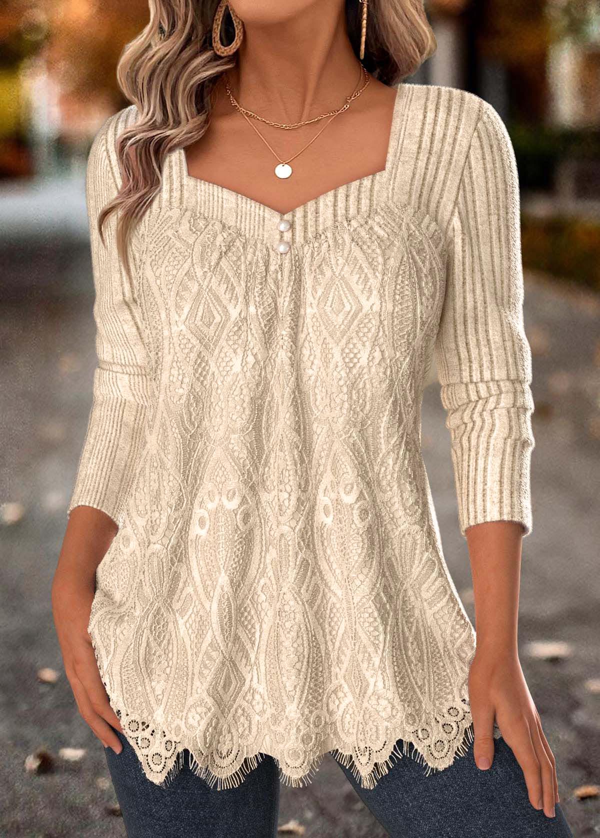 Beige Tummy Coverage Long Sleeve Square Neck T Shirt | picture 