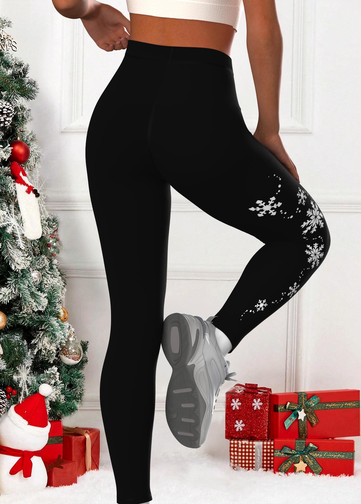 Black Snowflake Print High Waisted Ankle Length Leggings | picture 