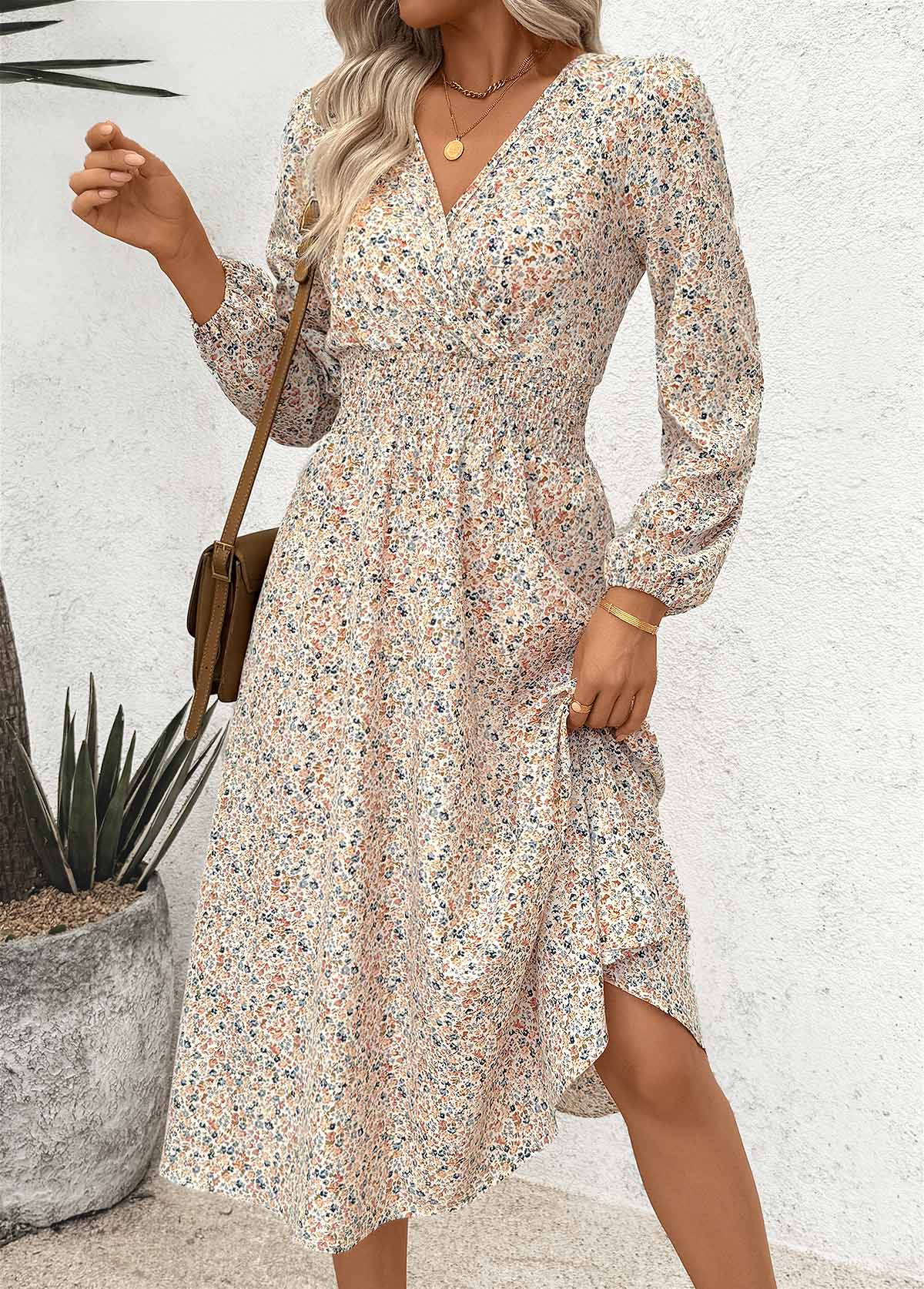 Multi Color Wrap Ditsy Floral Print Long Sleeve Dress | picture 