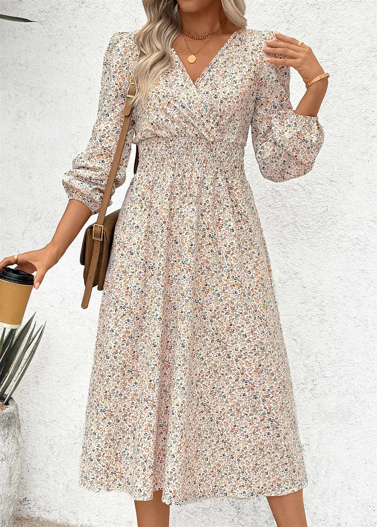 Multi Color Wrap Ditsy Floral Print Long Sleeve Dress | picture 