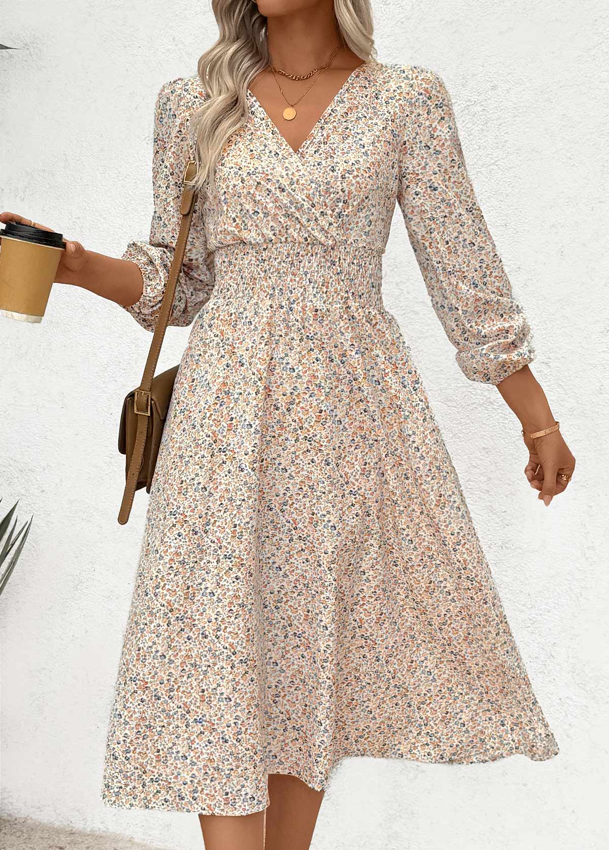 Multi Color Wrap Ditsy Floral Print Long Sleeve Dress | picture 