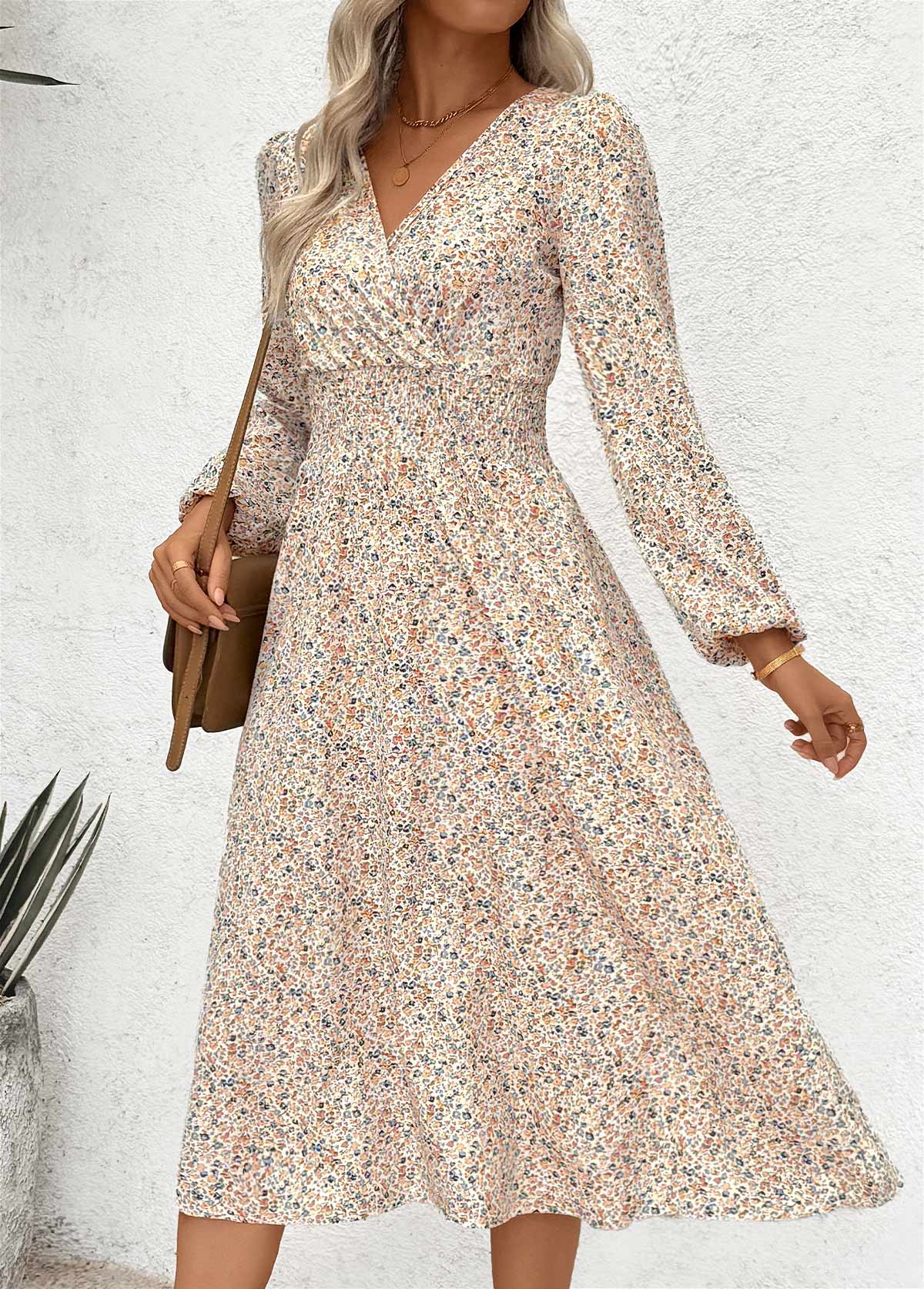 Multi Color Wrap Ditsy Floral Print Long Sleeve Dress | picture 